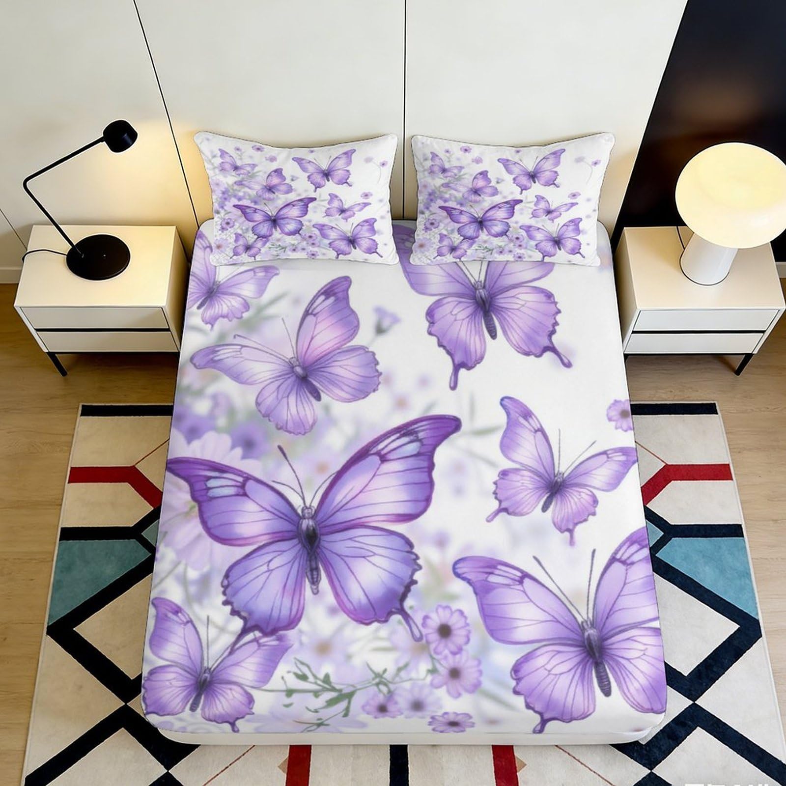 Qjzxknhpgr Style-3 3D Printed Purple Butterfly Fitted Sheet Microfiber Soft Anti-Slip Floral Mattress Cover For Bedroom Guest Room Decor 90X200x25cm