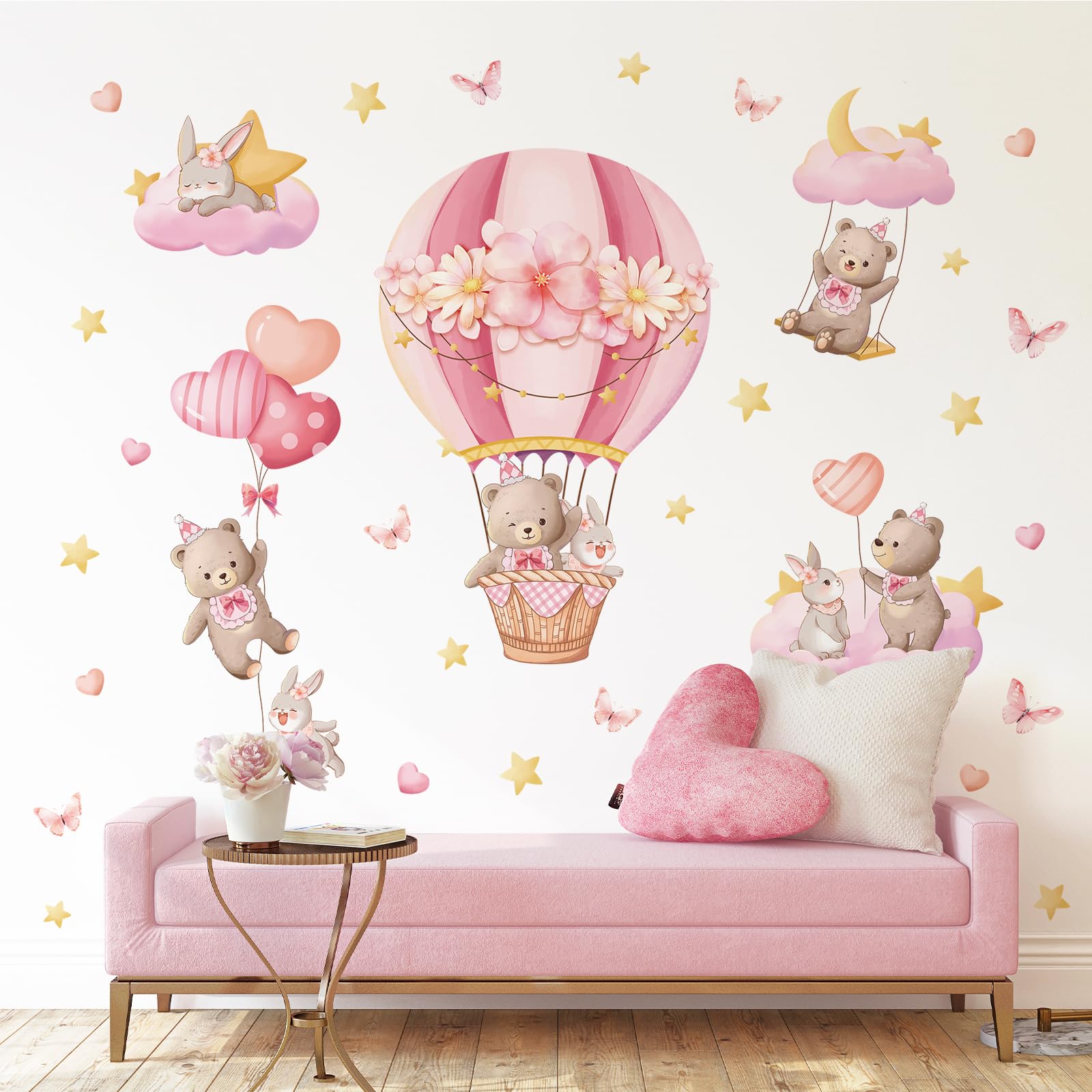 Tanlaby Mongolfiera Rosa Adesivo da Parete Orso Coniglio Stelle Nuvole Adesivi Murali Animali a Palloncino Decorazione Murale per la Cameretta dei Bambini Camera da Letto Aula