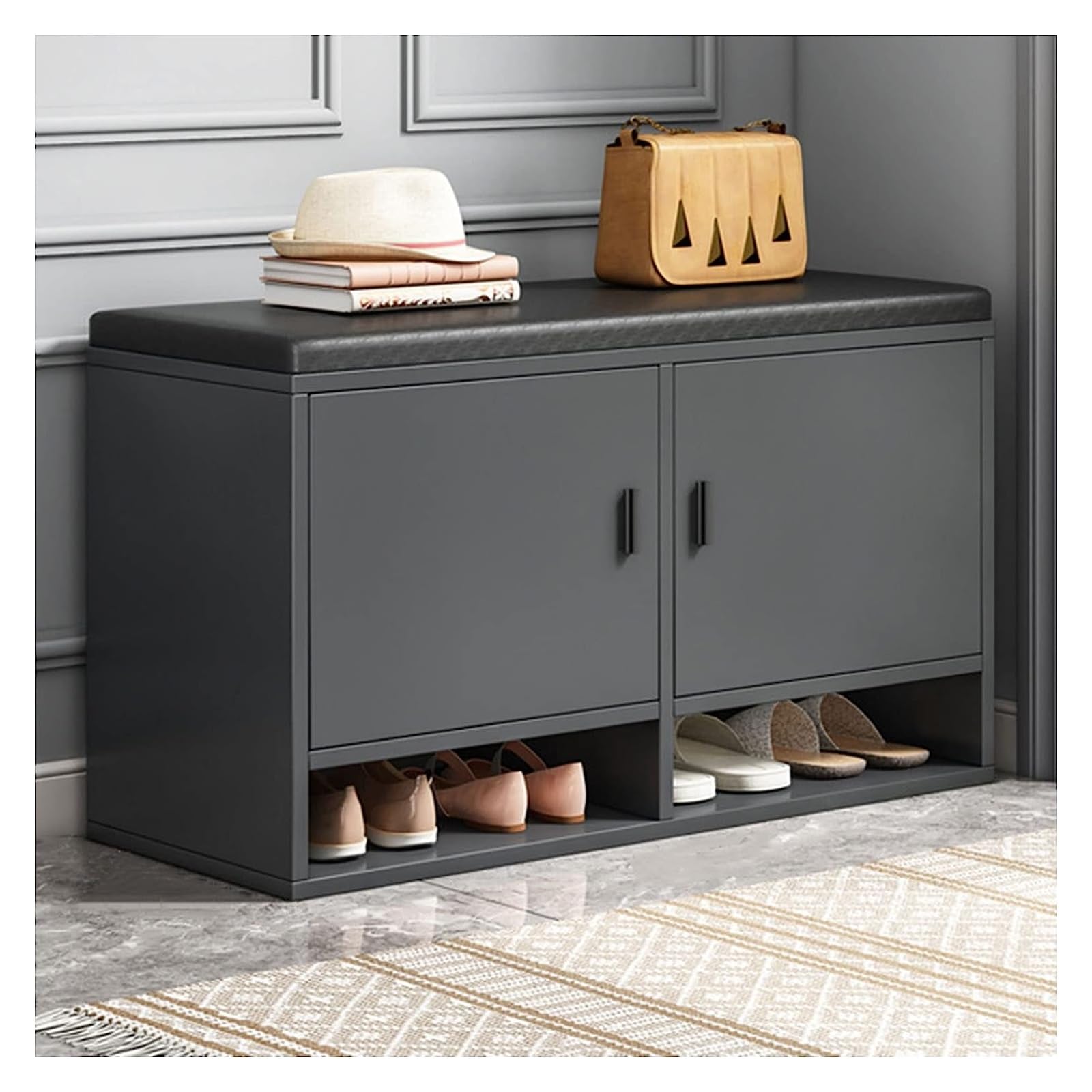 Armoire à Chaussures en Bois Massif et Banc de Rangement Entrée avec Étagère