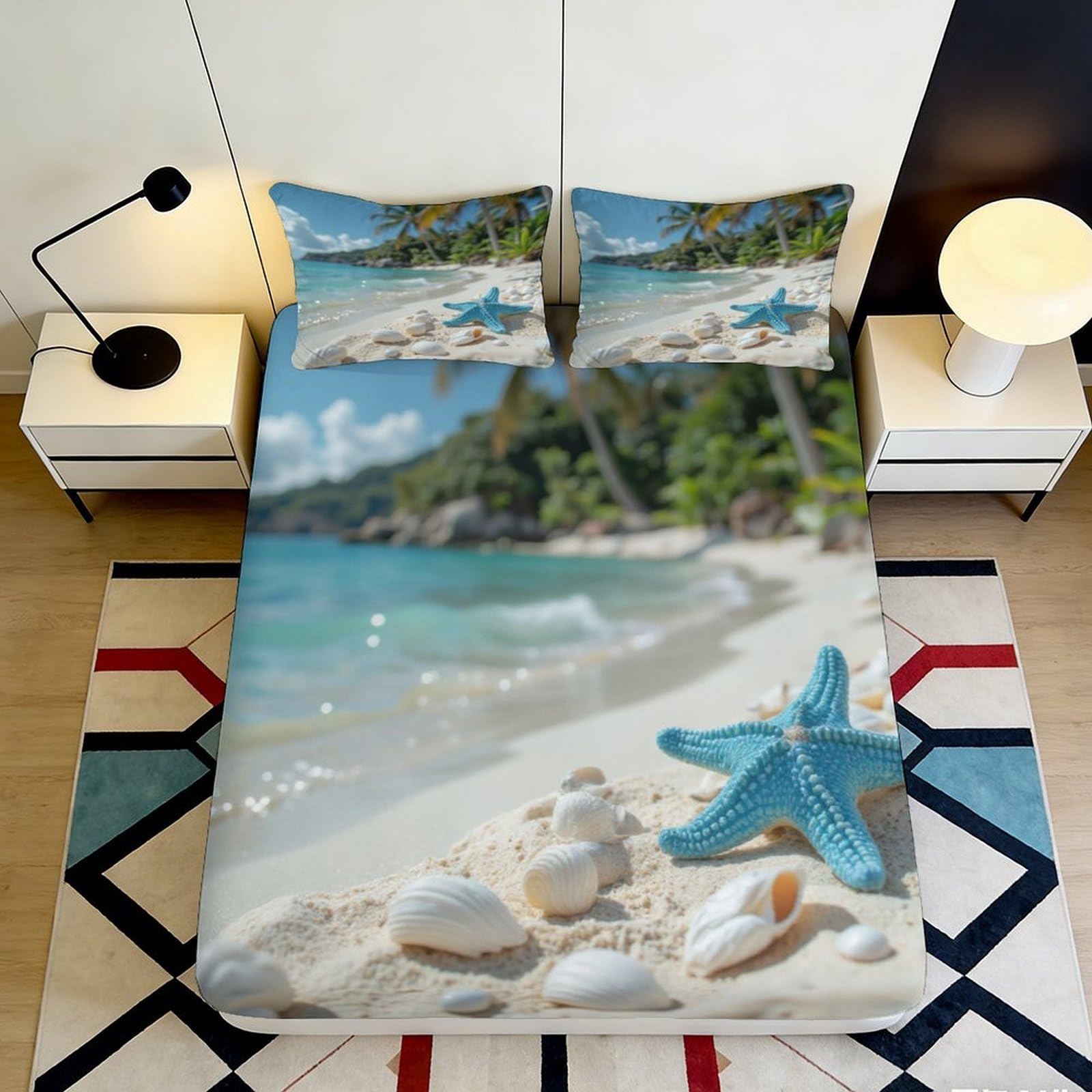 3D Printed Starfish Beach Fitted Sheet Microfiber Soft Breathable Seashell Bed Cover for Bedroom Dormitory Guest Room Mattress Protection 160x200x25cm