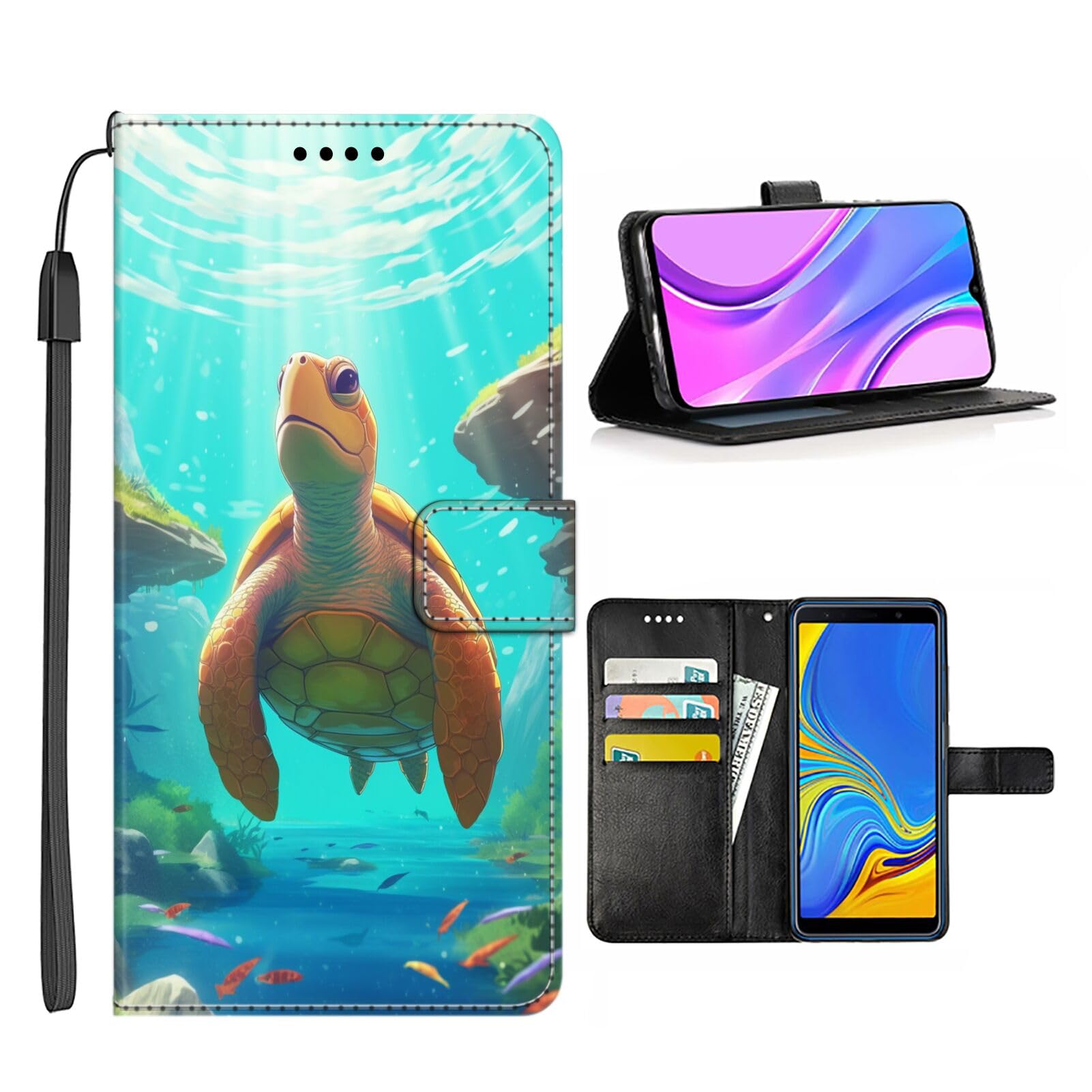 Wallet Case for iPhone 14 with Turtle-aa25 Pattern with Card Clip PU Leather Magnetic Detachable Stand Shockproof Wrist Strap Detachable Flip Cover for iPhone 14 Multicolor