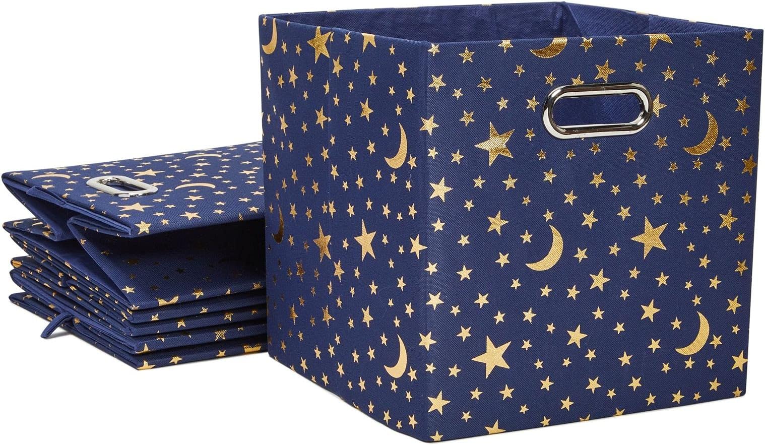 Okuna Outpost 4 Pack Star Storage Cubes, Collapsible Foldable Fabric Organizer Baskets for Clothes, Toys, Gold Moons and Stars (11 In)