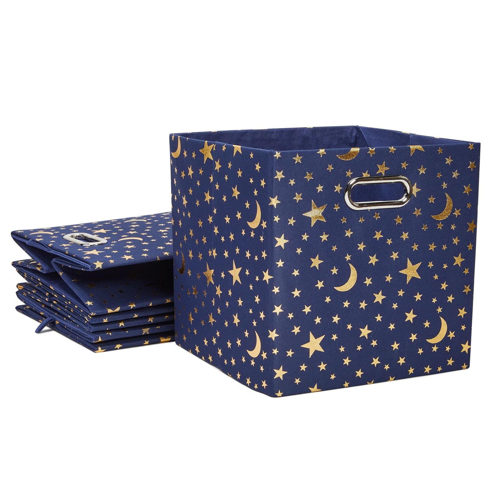 Okuna Outpost 4 Pack Star Storage Cubes, Collapsible Foldable Fabric Organizer Baskets for Clothes, Toys, Gold Moons and Stars (11 In)