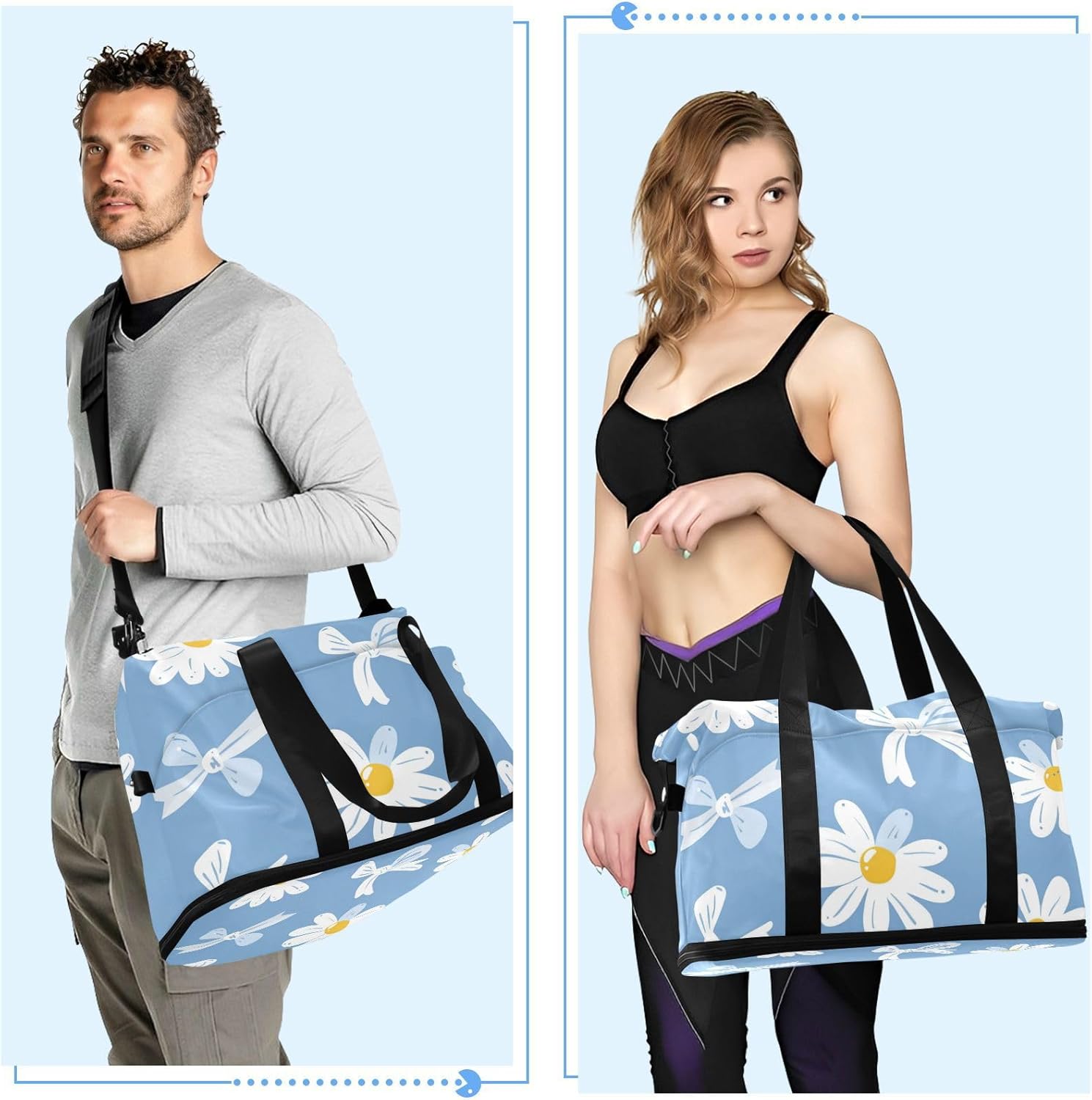 Blue Background with A White Daisies Pattern Sports Gym Bag Overnight Carry On Tote and Luggage with Toiletry Bag for Workout 2 Pcs Set
