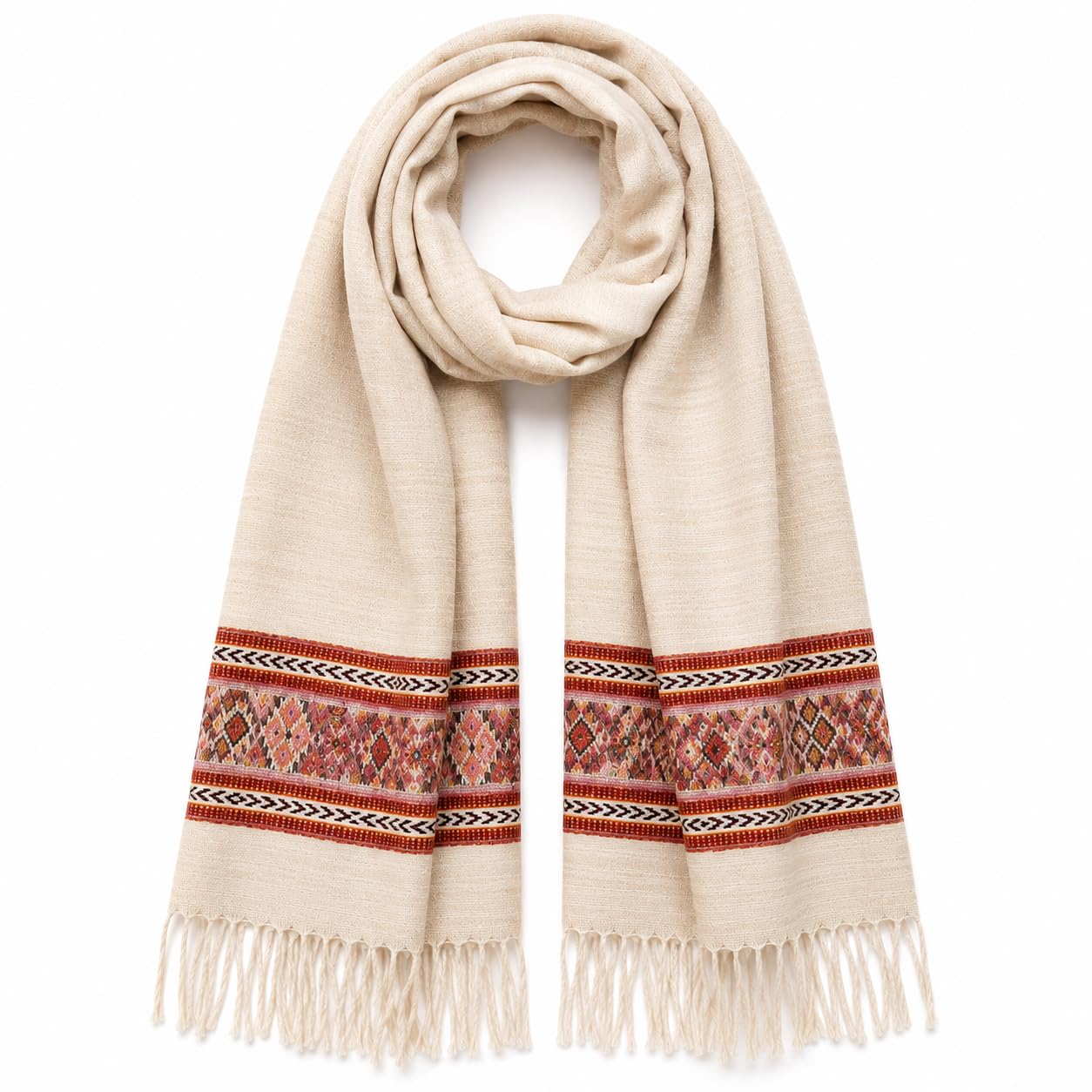 Himalayan Pride Traditional North Indian Woolen Shawl, Cream White with Ethnic Border Design, Winter Stole for Women, Pack of 1-image-17
