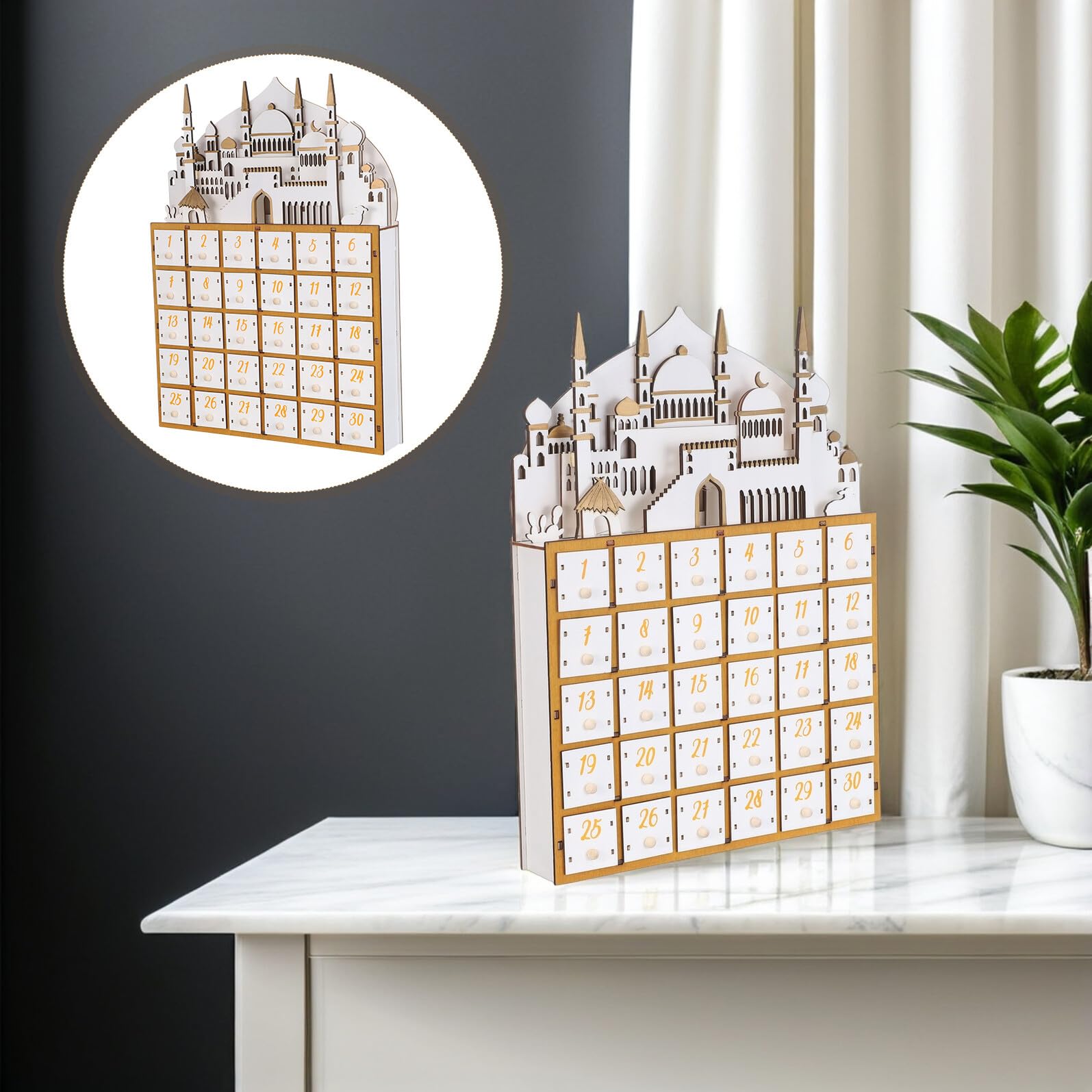 ULTECHNOVO Ramadan-adventskalender aus Holz mit Schubladen und Led-beleuchtung Countdown-kalender für Muslimische Feiertage Tischdeko mit Schubladen für Ramadan und Eid