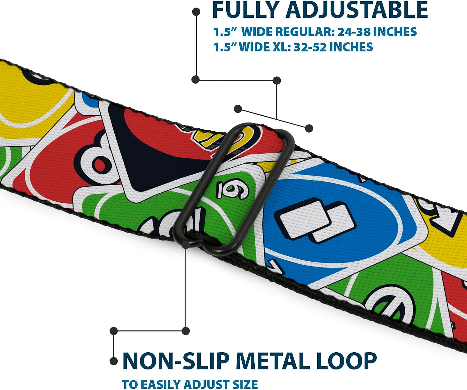 Mattel Belt, Seatbelt Buckle Belt, UNO Cards Stacked Collage Multi Color, Adjustable