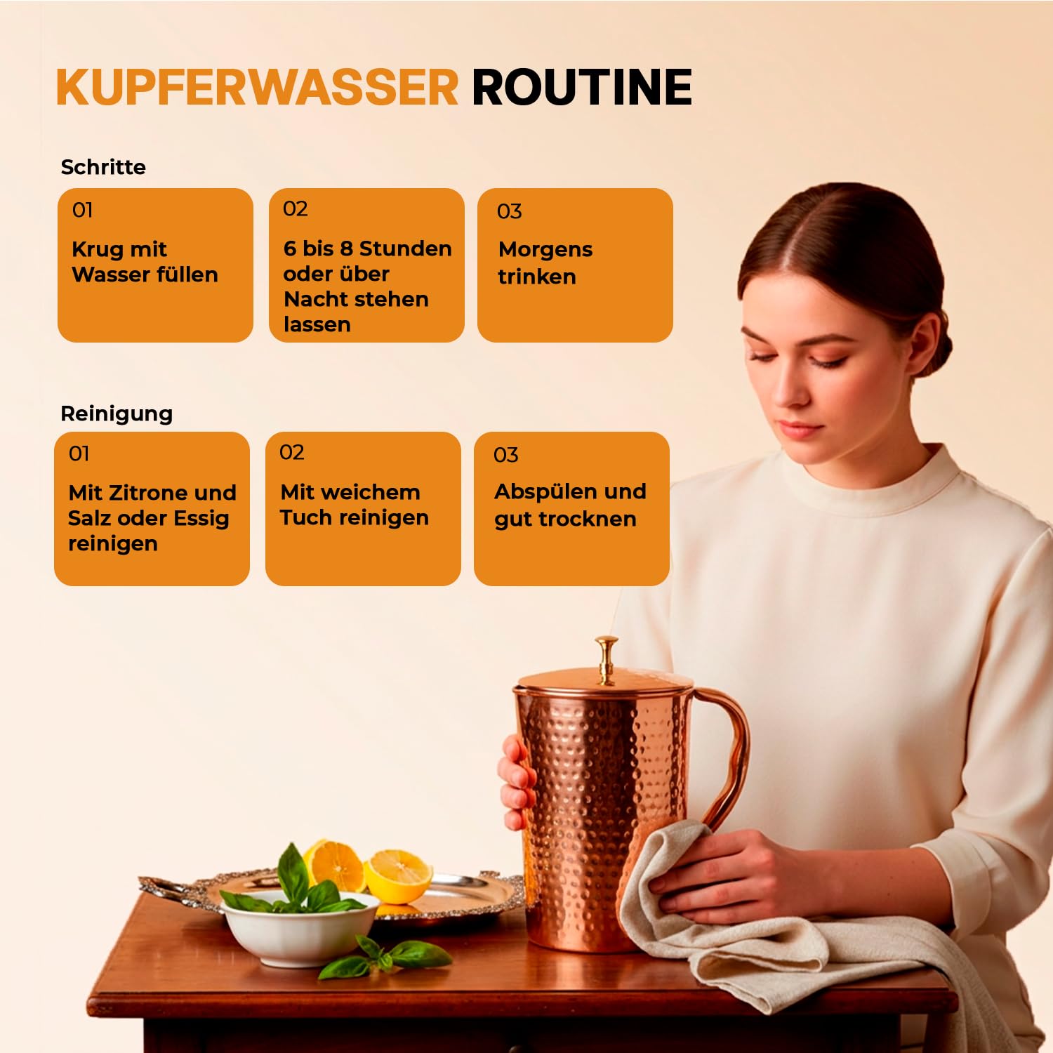 Royal Pichet en cuivre pur 1800 ml | 99,99 % cuivre de qualité alimentaire testé en laboratoire | Sans BPA et anti-fuite | Inspiré de l'Ayurveda pour l'immunité, la digestion, la maison et le bureau