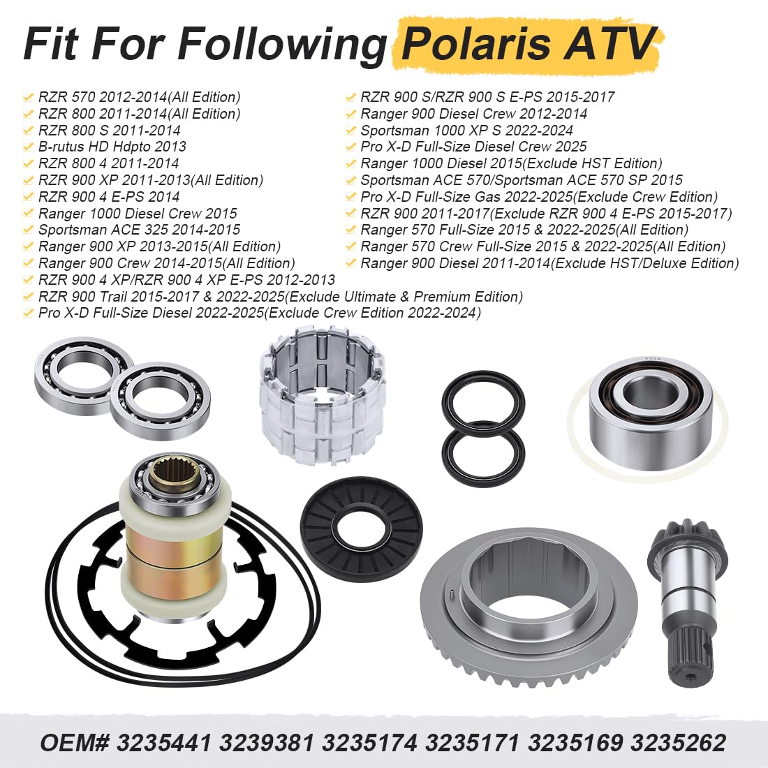Kit pignon et couronne de différentiel avant pour Polaris | pour Polaris RZR Ranger Sportsman 325 570 800 900 100 2011-2017 avec moyeu, cage de rouleaux et plaque d’induit 3235441