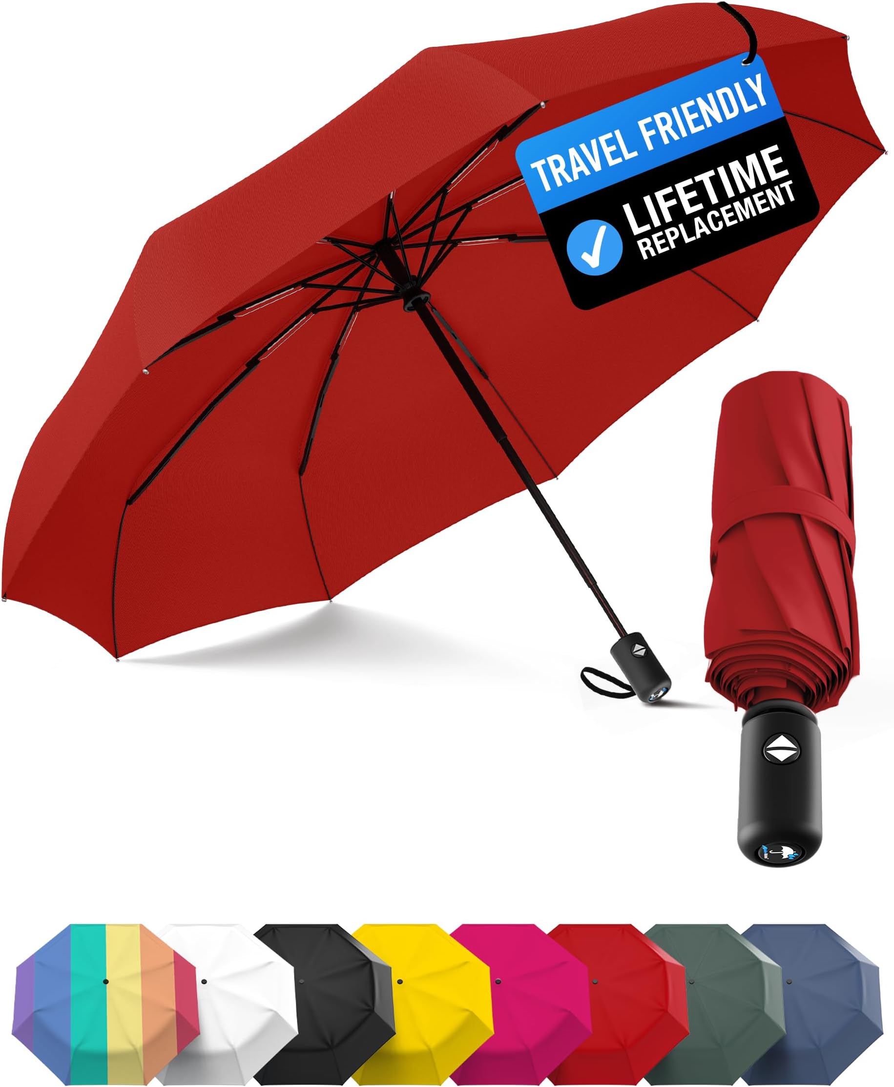 Windproof Compact Umbrellas for Rain - Strong Reinforced Fiberglass Rib Design & Auto Open & Close - Portable Folding Travel Umbrella - Lightweight & Packable for Women & Men, Easy Collapse