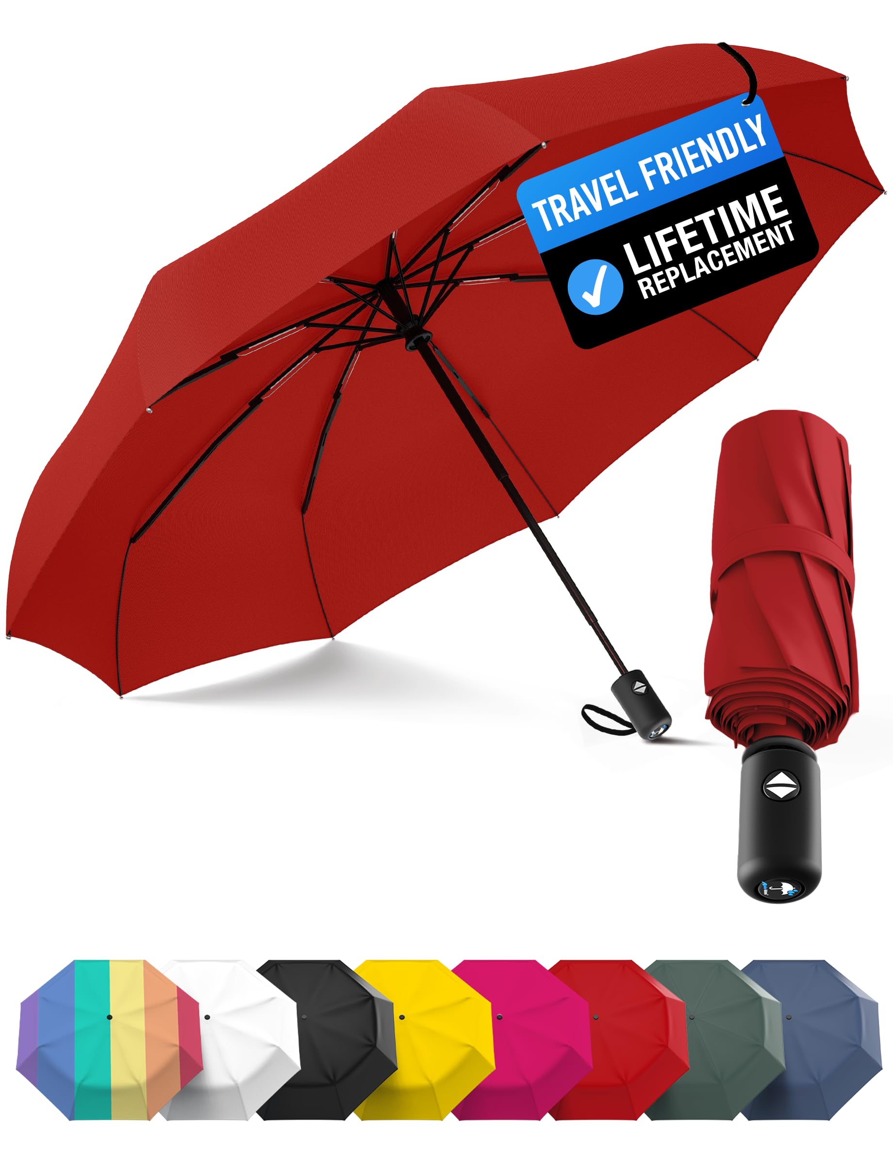 Windproof Compact Umbrellas for Rain - Strong Reinforced Fiberglass Rib Design & Auto Open & Close - Portable Folding Travel Umbrella - Lightweight & Packable for Women & Men, Easy Collapse