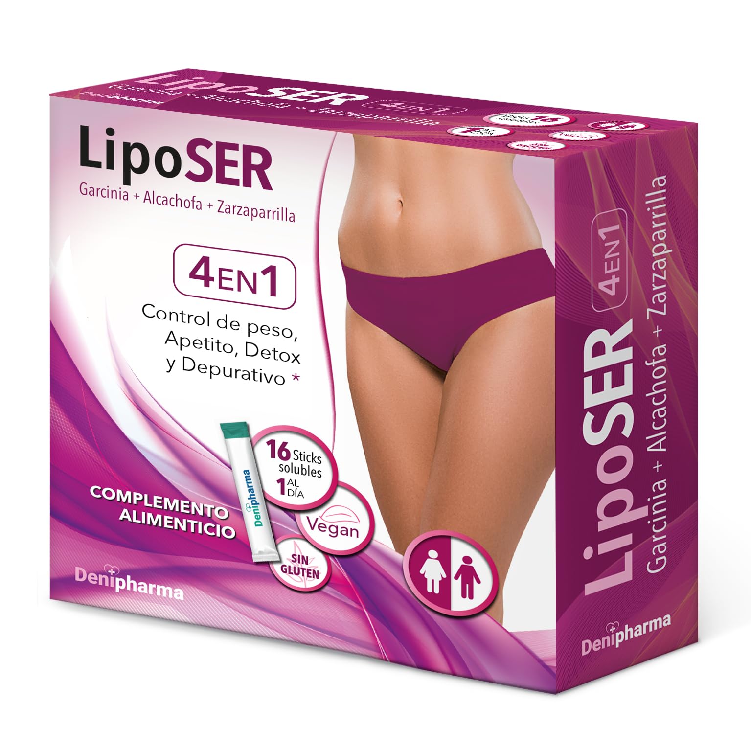 Liposer - 16 sticks - Elimina la grasa acumulada en Abdomen, Caderas. Piernas, Espalda y Brazos - Adelgazante 4 en 1 - Apetito Detox Depurativo, Resultados en 16 días - 1 al día, unisex.
