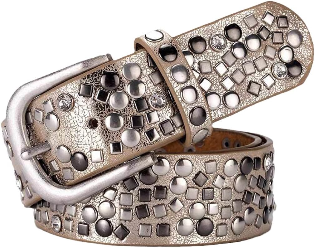 Split Leather + PU Rivet Belt, Fashion Rhinestone Women's Studded Belts, Leather Rock Women Strap For Jeans