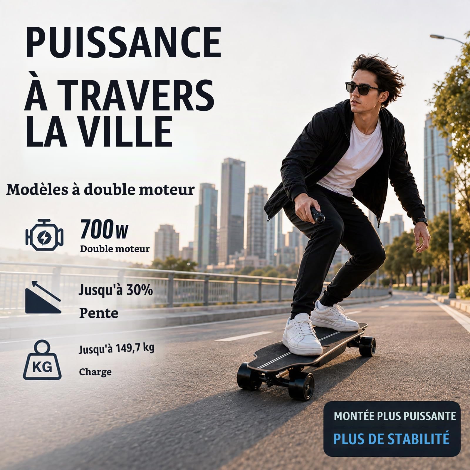 Skateboard Électrique Adulte, Longboard Électrique avec Télécommande sans Fil, Jusqu’à 50 km/h, 30 km d’Autonomie, 4 Modes de Vitesse Singlemotor9Mile
