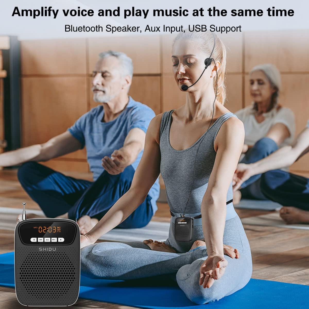 People using the S278 Voice Amp리퍼 amplify voice and play music simultaneously