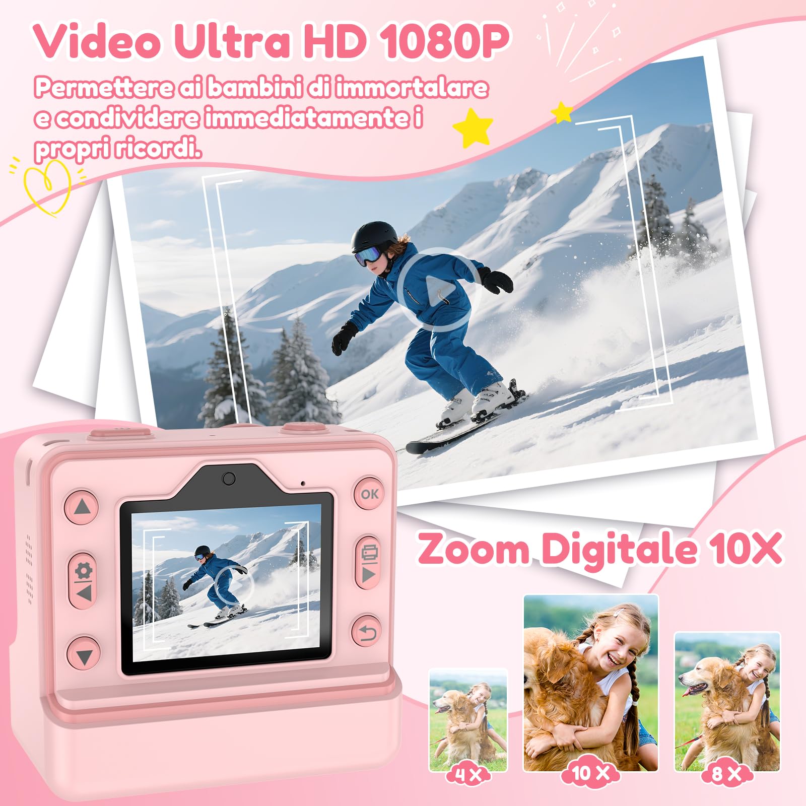 Macchina Fotografica Bambini Istantanea, 48M/1080P Fotocamera Bambini Selfie, 2.4 Pollici Macchina Fotografica Banbini con Carta da Stampa e 32GB Scheda,Regali per Ragazze Ragazzi 3-12 Anni (Rosa)