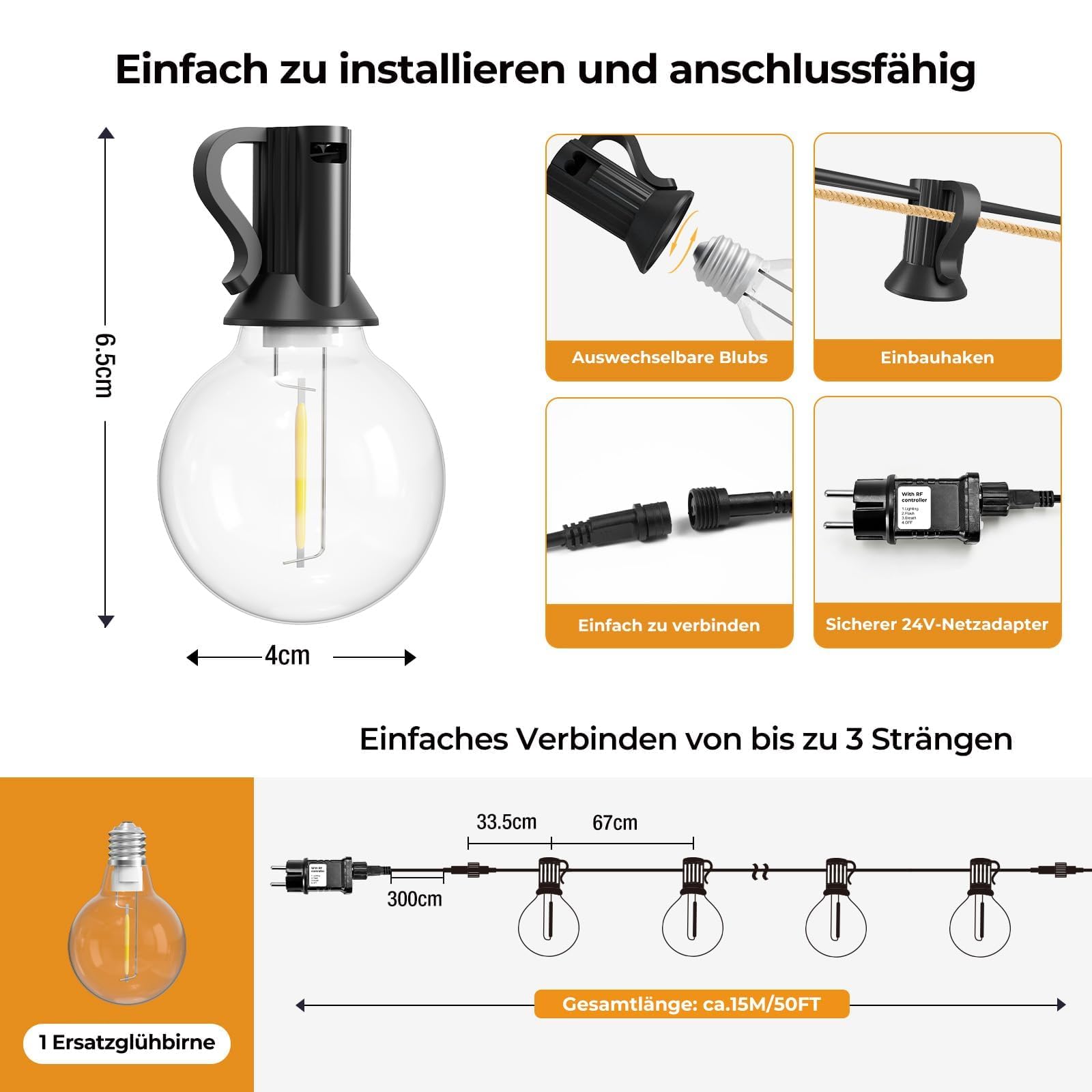 litogo Lichterkette Außen mit Fernbedienung, 15M LED Outdoor Lichterkette Strom mit Dimmbar & Timer, Wetterfest Lichterketten G40 Glühbirnen für Balkon Garten Party Pavillon Terrasse, Warmweiß