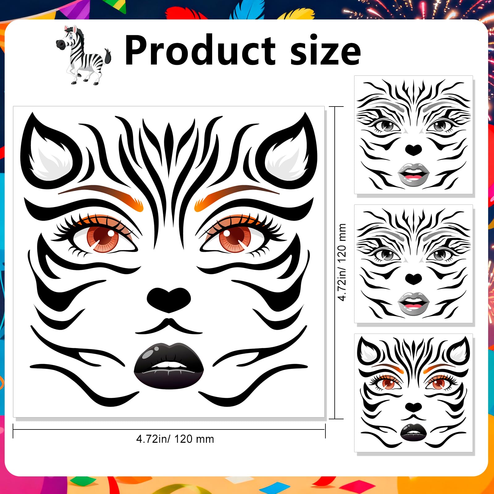 HOWAF Zebra Ears Headband & Halloween Face Tattoos Stickers - Image 3