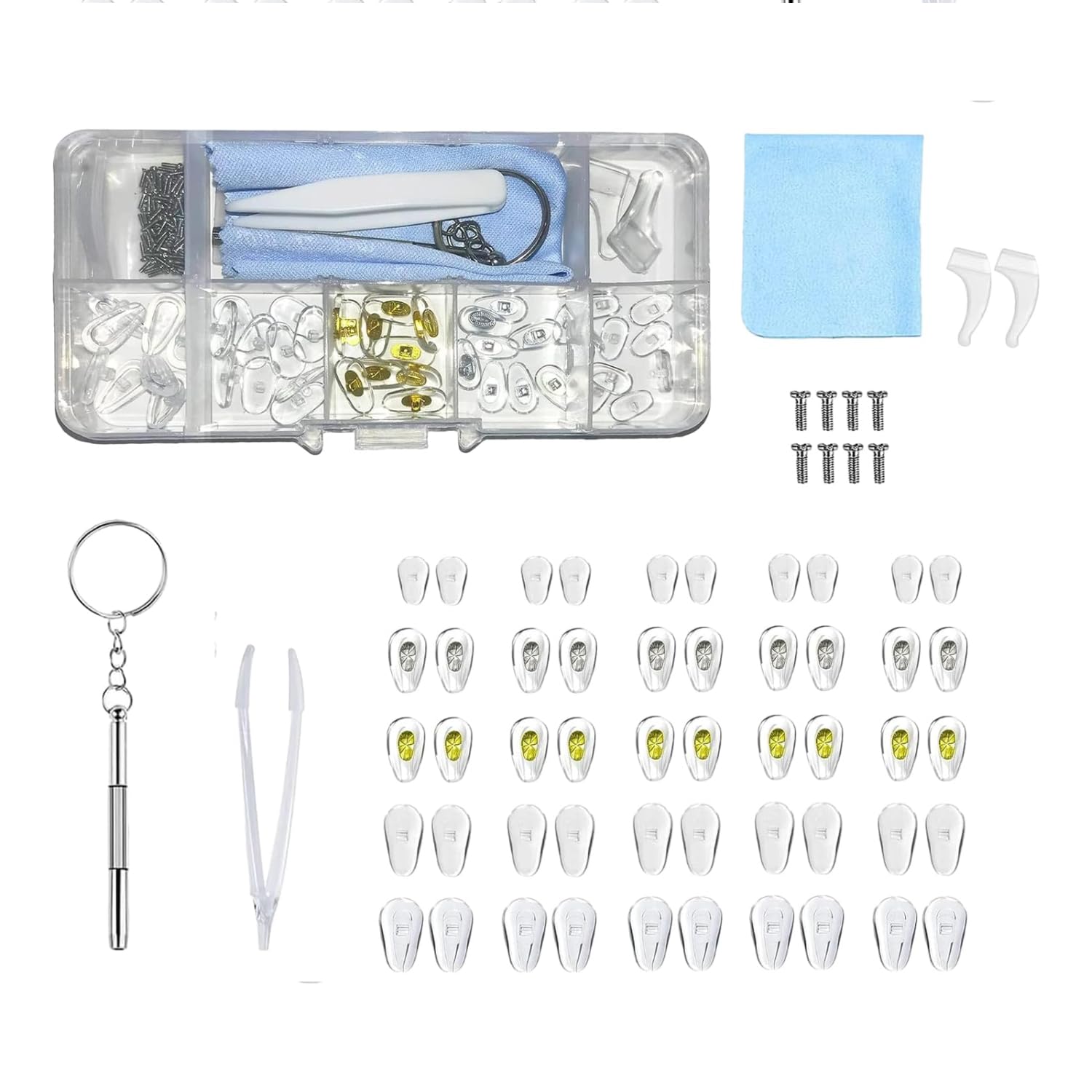 Comprehensive Eyeglass Repair Kit - Includes 50PCS Screws, 50PCS Nose Pads, & Precision Screwdrivers for Quick Fixes