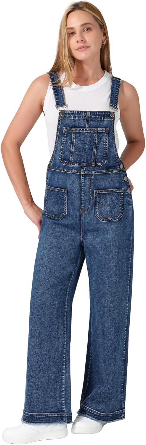 roswear Women’s Denim Overalls Loose Fit Stretchy Baggy Overall Bib Wide Leg Casual Jean Jumpsuits