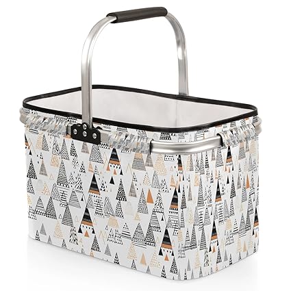 Kizmoglux Geometric Triangle Collapsible Market Basket, Foldable Picnic Basket - Large Shopping Basket with Handles, Portable Folding Bag for Shopping Camping Picnic