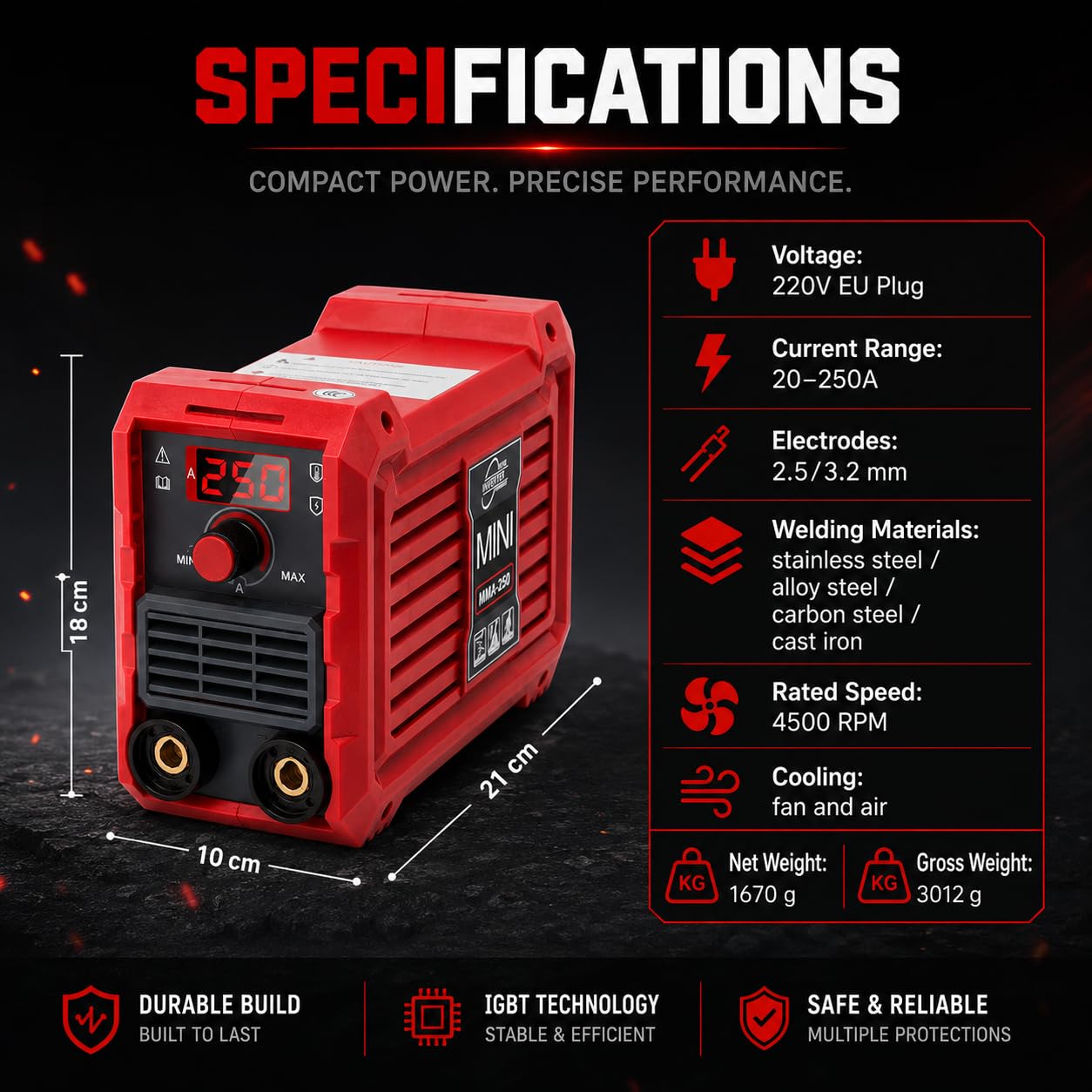 Maquina De Soldar Electrodo Portátil, 220V 250A MMA Mini Soldador Inverter ARC IGBT Digital Soldadora Portatil Compacta Grupo De Soldar Con Hot Start, Anti-Stick, Pantalla Led Para Bricolaje