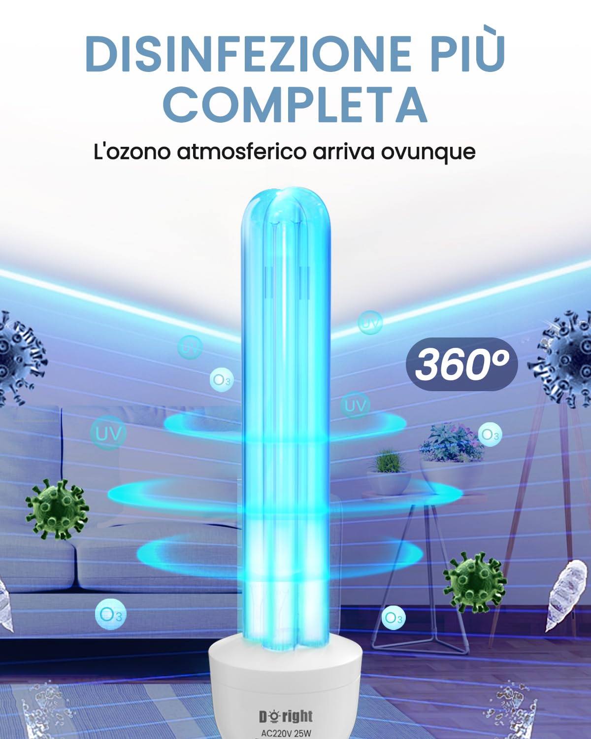 DoRight 2 Pezzo Lampada UV Ozono E27 25W Lampada Germicida Raggi UVC 254nm con Tubo al Quarzo Brine Ozono Contro Batteri Virus e Acari AC220-240V per Case, Uffici, Ristoranti e Scuola