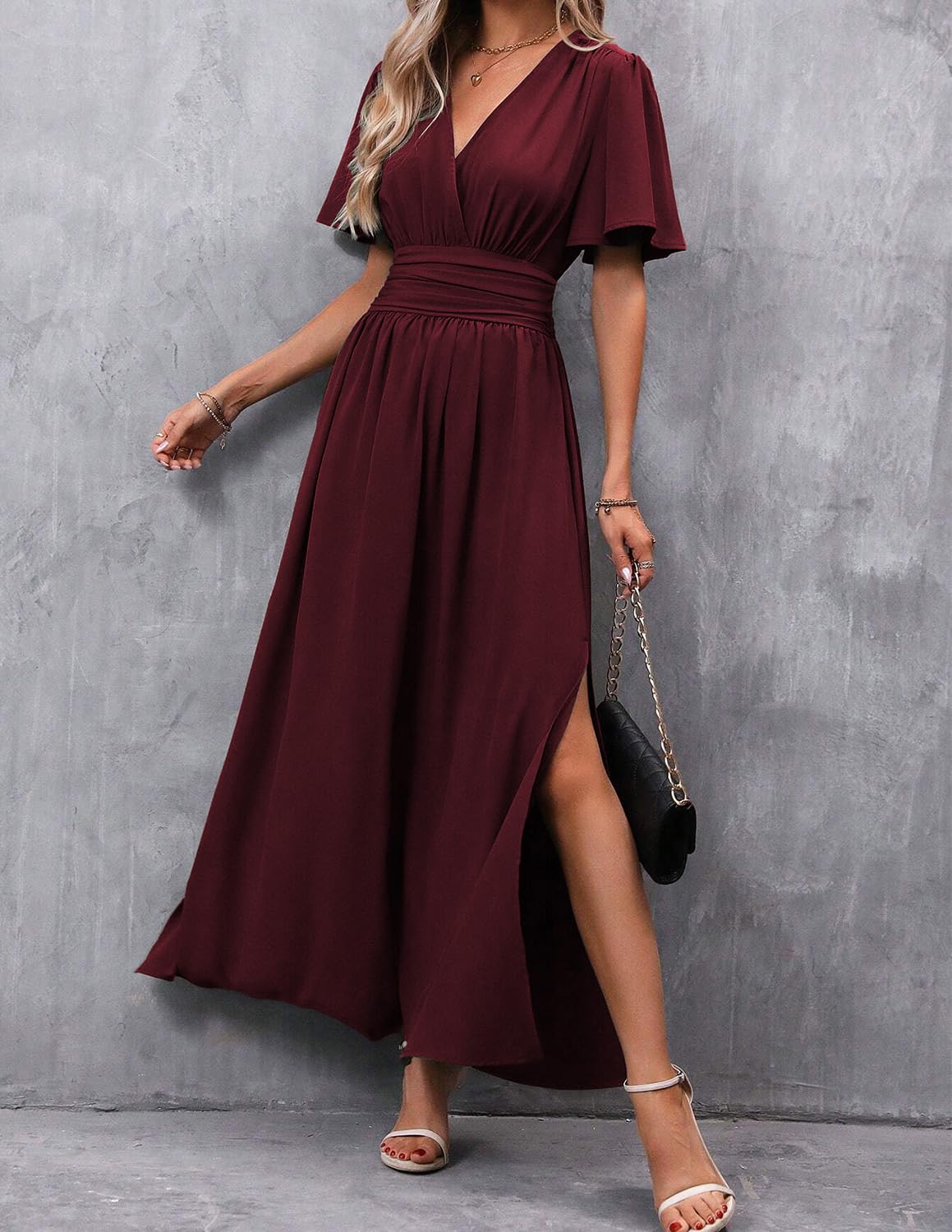 Damen Kleid Kurzarm V-Ausschnit Tunika Maxi Einfarbig Casual Hohe Taille Freizeitkleid Frühling Sommer