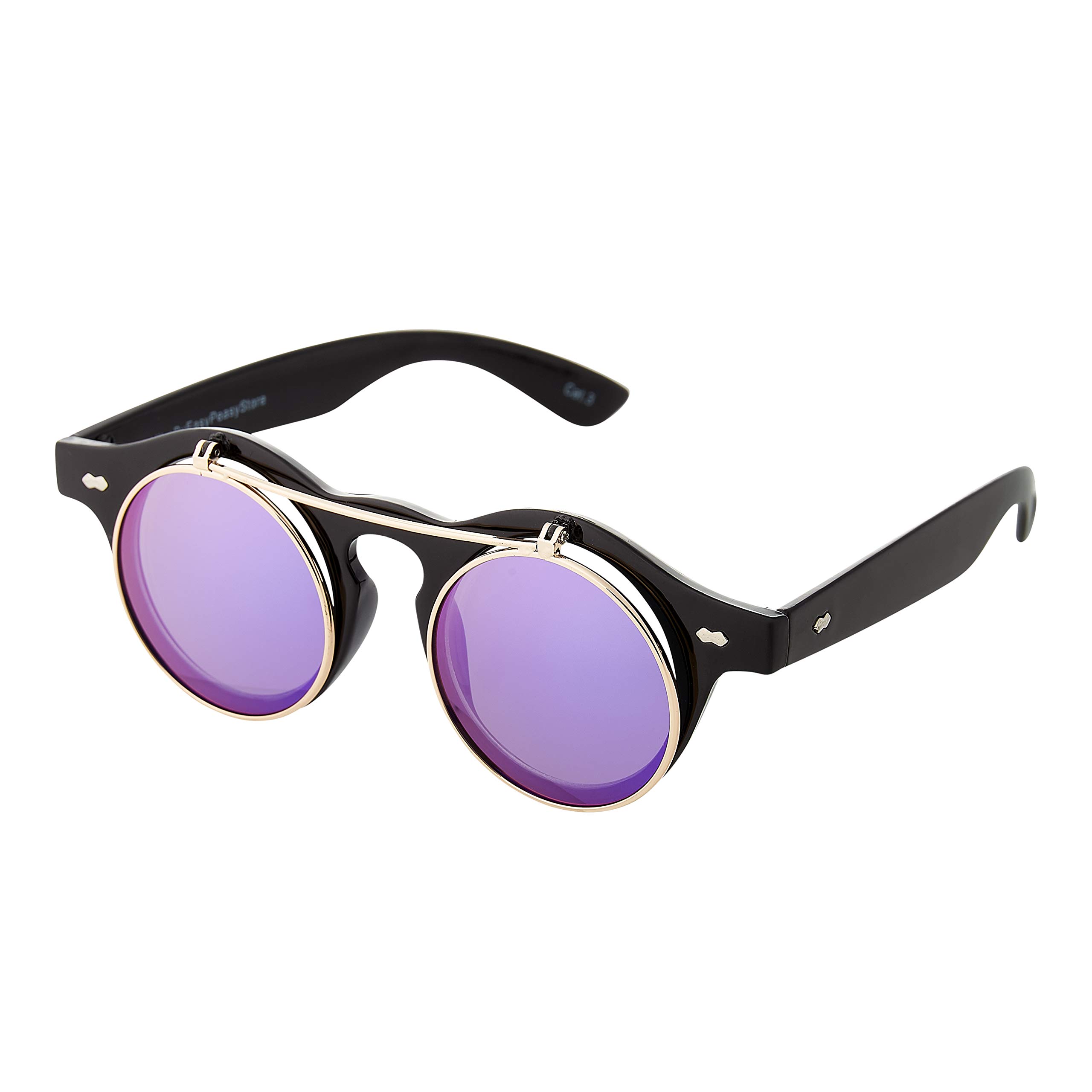 Ultrabyeasypeasystore Unisex Black With Purple Lenses Ultra Small Round Flip Up Steampunk Sunglasses Uv400 - For Men And Women With Polycarbonate Lenses - Retro Round Glass Style - Sun Glasses With Flip Feature