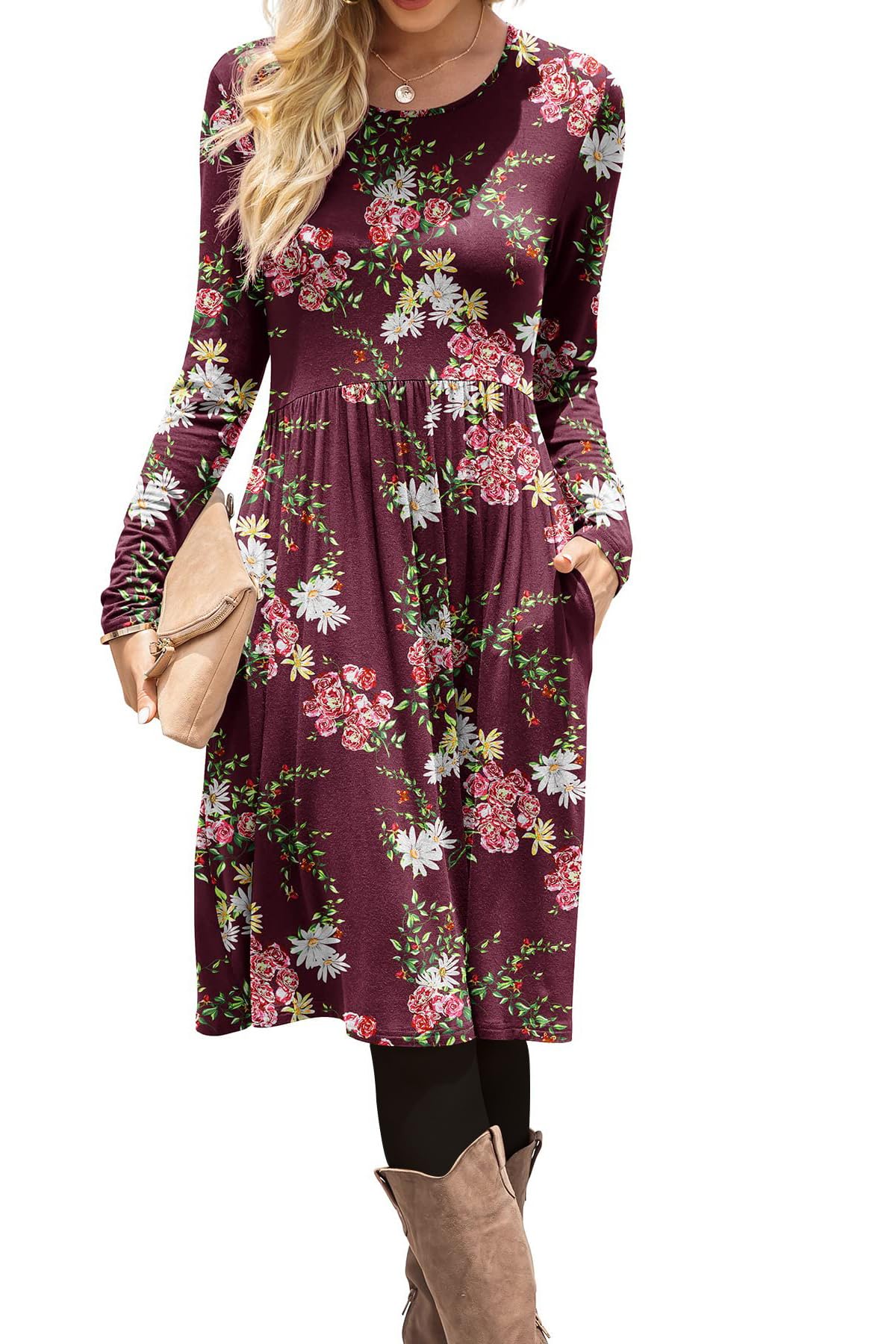DB MOON Women Casual Long Sleeve Dresses Empire Waist Knee Length Loose Dress with Pockets