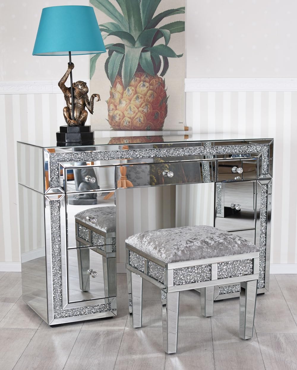 Vintage SCHMINKTISCH Hampton Style – Verspiegelter Schreibtisch mit 7 Schubladen, Glasmöbel, Schminktisch Glamour vic552 Palazzo Exklusiv