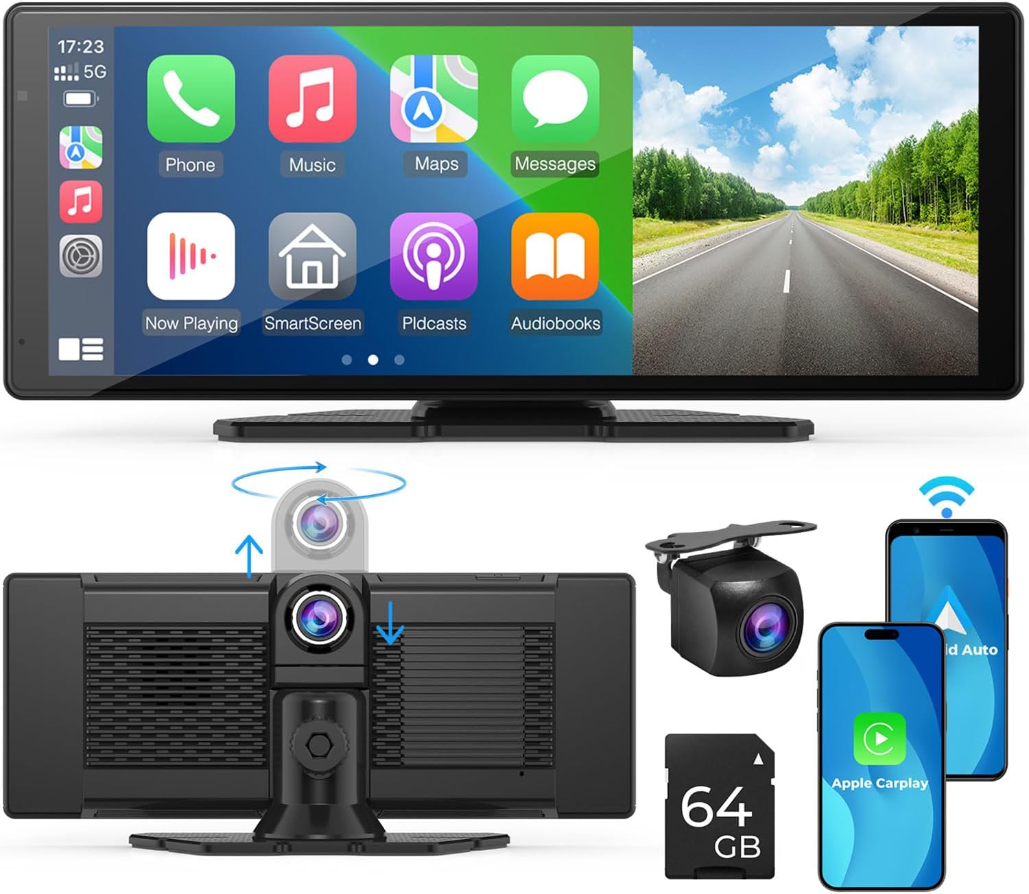 GPS Moto 6,86" Sans Fil - Compatible CarPlay Android Auto, 1080P Double Caméra + TPMS