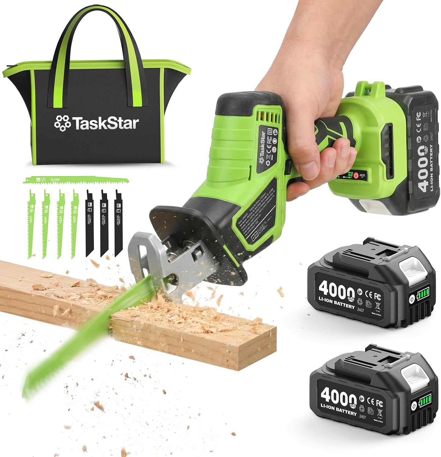 TaskStar Cordless Reciprocating Saw 21V: One-Handed Reciprocating Saw with 0-3500 RPM Brushless Motor, 2 x 4.0Ah Batteries, 8 Quick-Change Blades, LED Light, Perfect for Wood PVC Metal Cutting