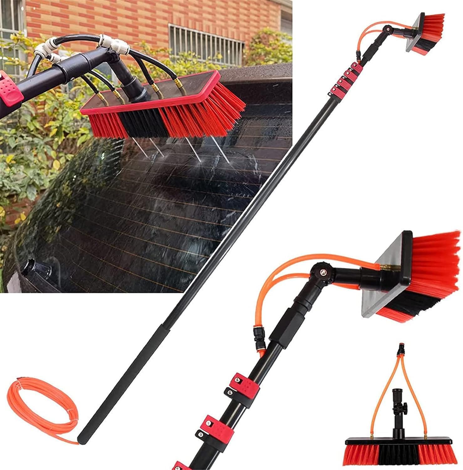 Perche de nettoyage de vitres extensible en aluminium avec sa tête de brosse rotative fluide