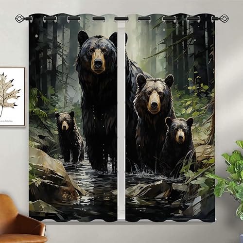 Miniatura 2 de Cortinas opacas de oso negro para decoración del hogar, diseño de animales del bosque, familia, bosque, con ojales, aislamiento térmico, cortina de