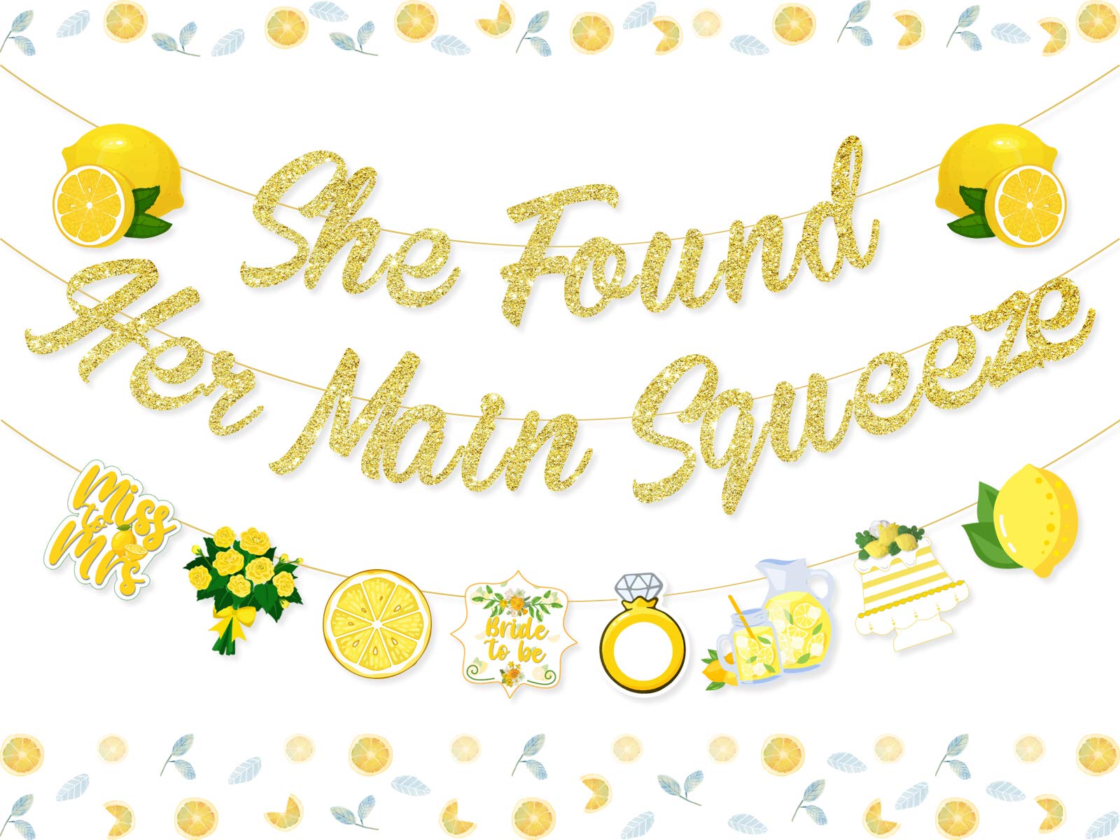 JOYMEMO Lemonade Bridal Shower Decoration Gold Glitter She Found Her Main Squeeze Banner Garland for Lemon Citrus Lemonade Theme Bride to Be Bachelorette Wedding Engagement Party Supplies