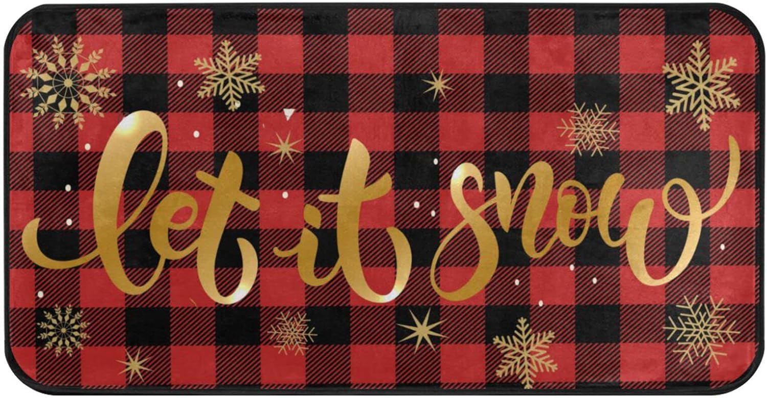 Golden Let It Snow Red Buffalo Plaid Kitchen Rug Anti
