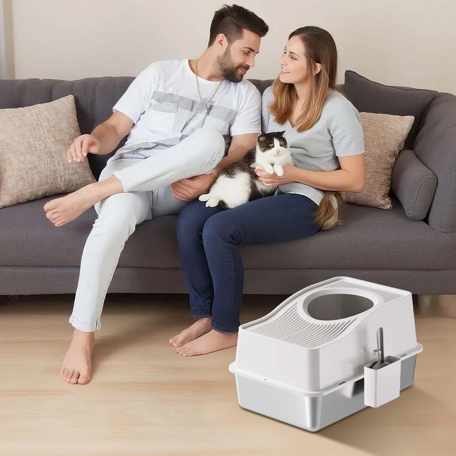Stainless Steel Enclosed Cat Litter Box with Lid, Top Entry High-Sided Litter Box for Large Cats, Odor-Resistant & Easy Clean Kitty Litter Pan – 60x40x34.5cm White Base, Anti-Scatter Design - image 8