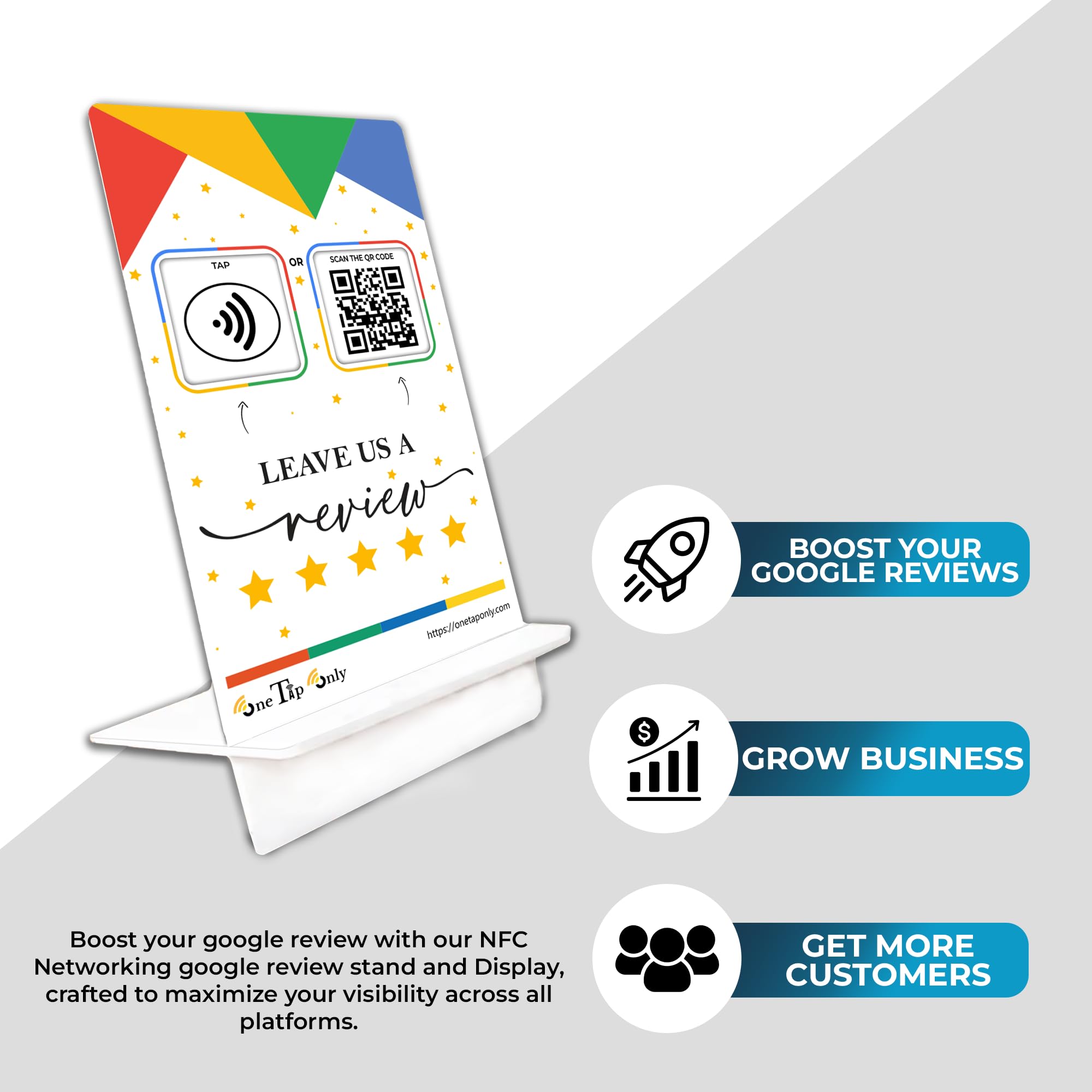 Supporti per recensioni Google Tap (confezione da 3) di TapFive - Tocca per recensioni istantanee - Compatibile con tutti i telefoni - Smart Tap riutilizzabile NFC e QR - Aumenta le recensioni azienda