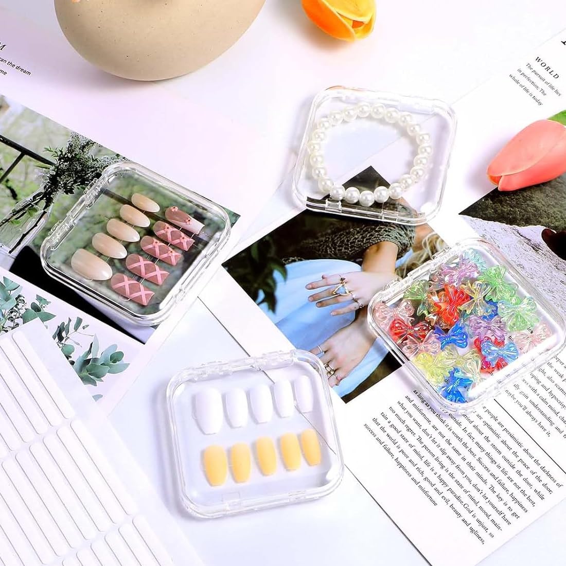YIPFEN 6 Klare Press On Nail Boxen + 60 Klebepads Nagel Aufbewahrungsbox Set – Ideal für Fake Nails, Gelnägel Zubehör & Nagellack Aufbewahrung (6 Stück) (Klare) Kosmetik