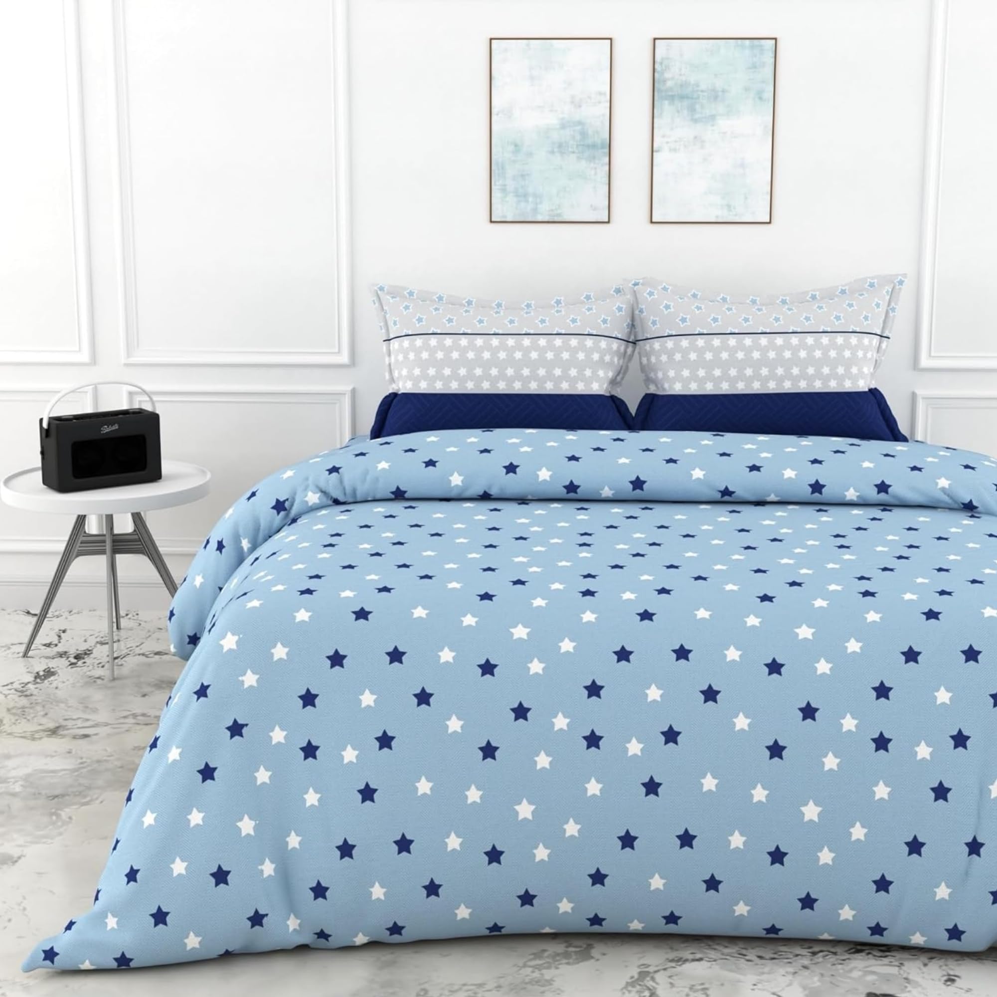 LORETO - A QUALITY LINEN BRAND 100% Cotton King Size Bedsheet with 2 Pillow Covers - Nile Blue Stars, Soft & Breathable 144 TC Fabric, Perfect for King Beds