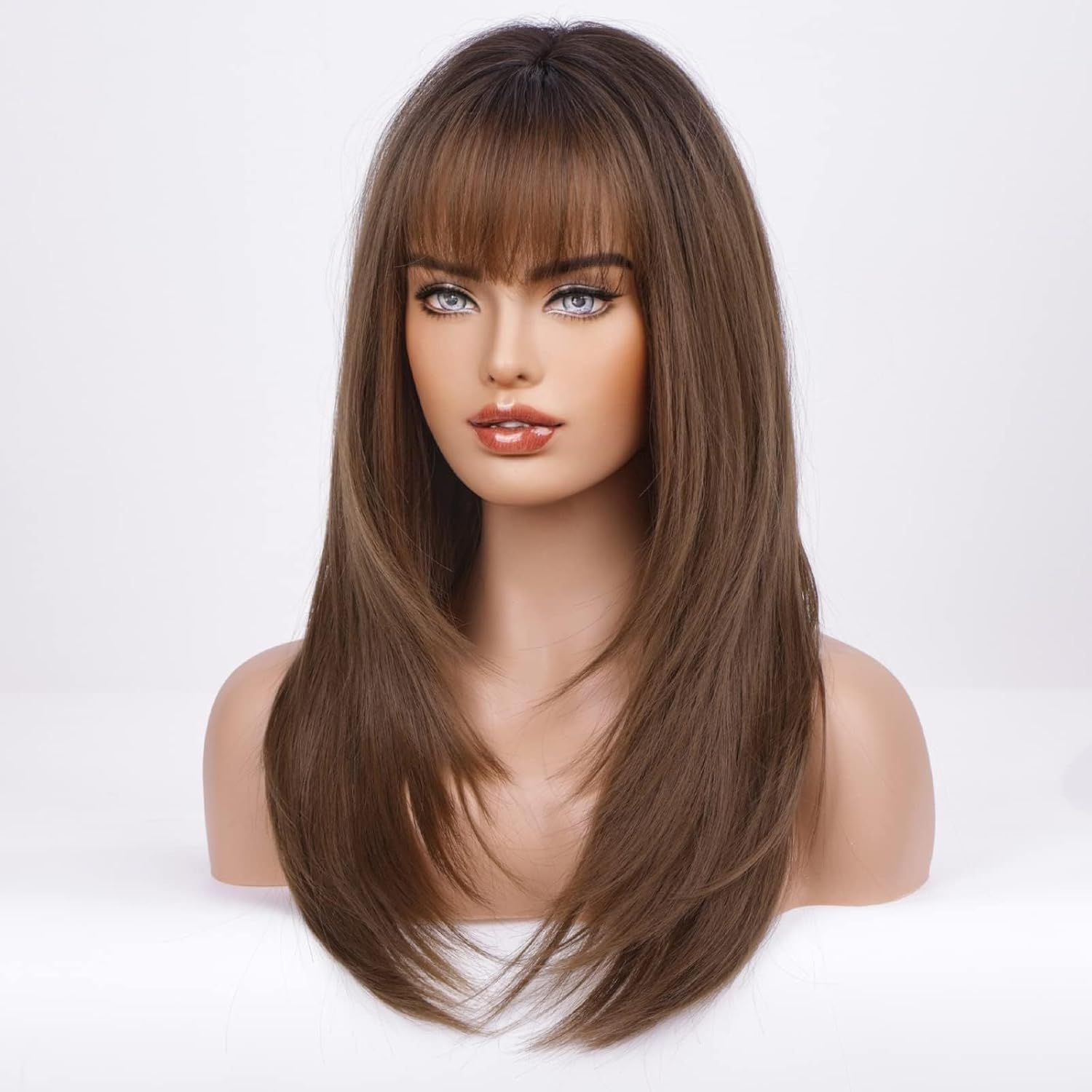HAIRCUBE Dark Brown Synthetic Women's Wig Layered Wigs with Bangs Middle length Straight and Heat Resistant - Image 2