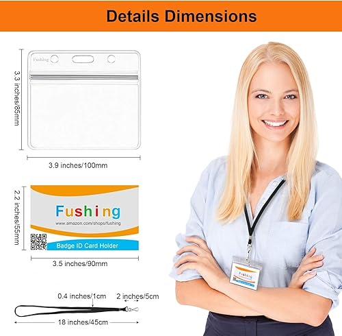 Miniatura 10 de Fushing Funda horizontal transparente de plástico para tarjeta de identificación o tarjeta con nombre y cordón plano para colgar en el cuello con