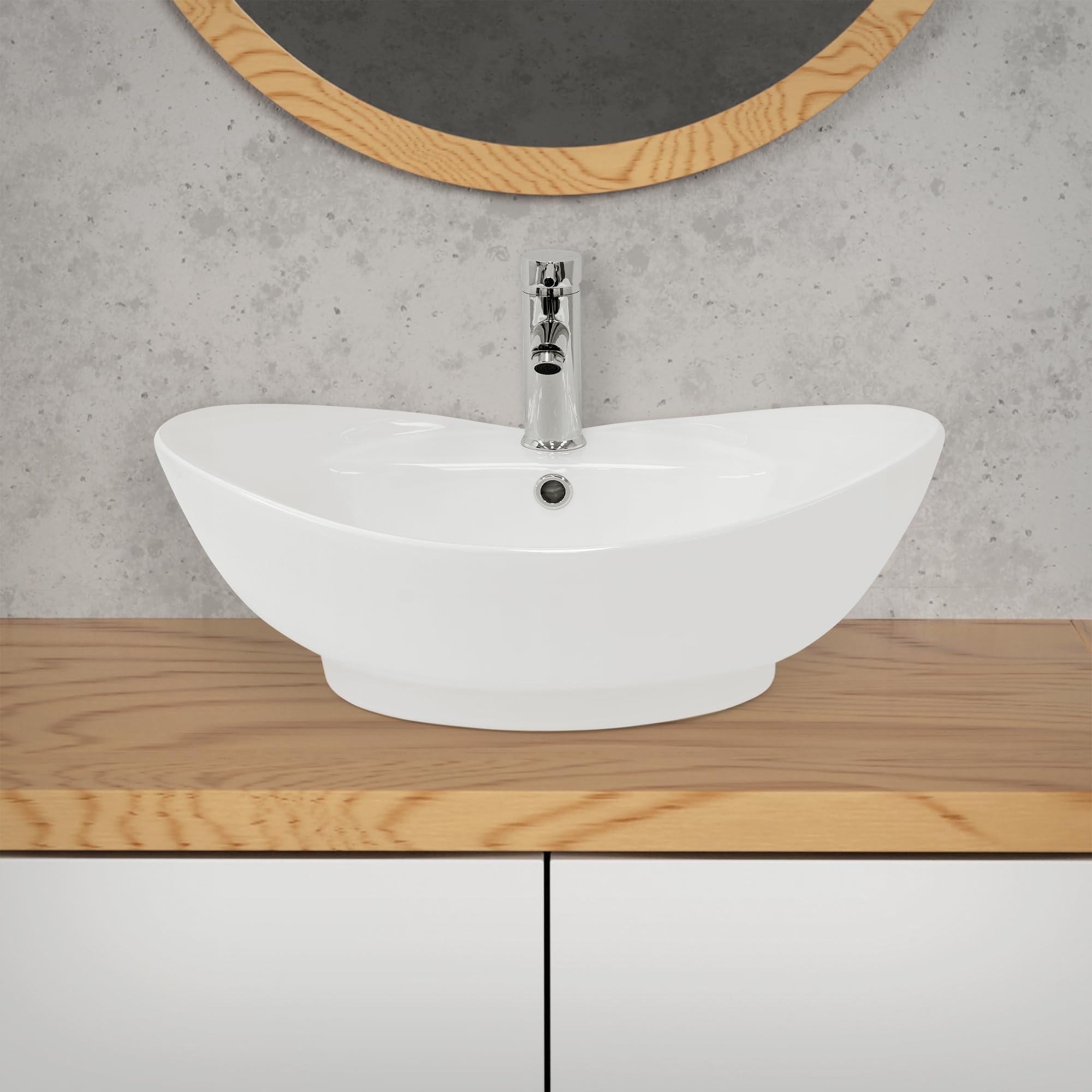 LuxeBath Lavabo in Ceramica Bianco Lucido 590x395x205 mm Lavandino da Appoggio Ovale Design Moderno Lavamani Bacinella Sanitari Arredo da Bagno Toilette Casa Lavello incl. Piletta e Troppopieno