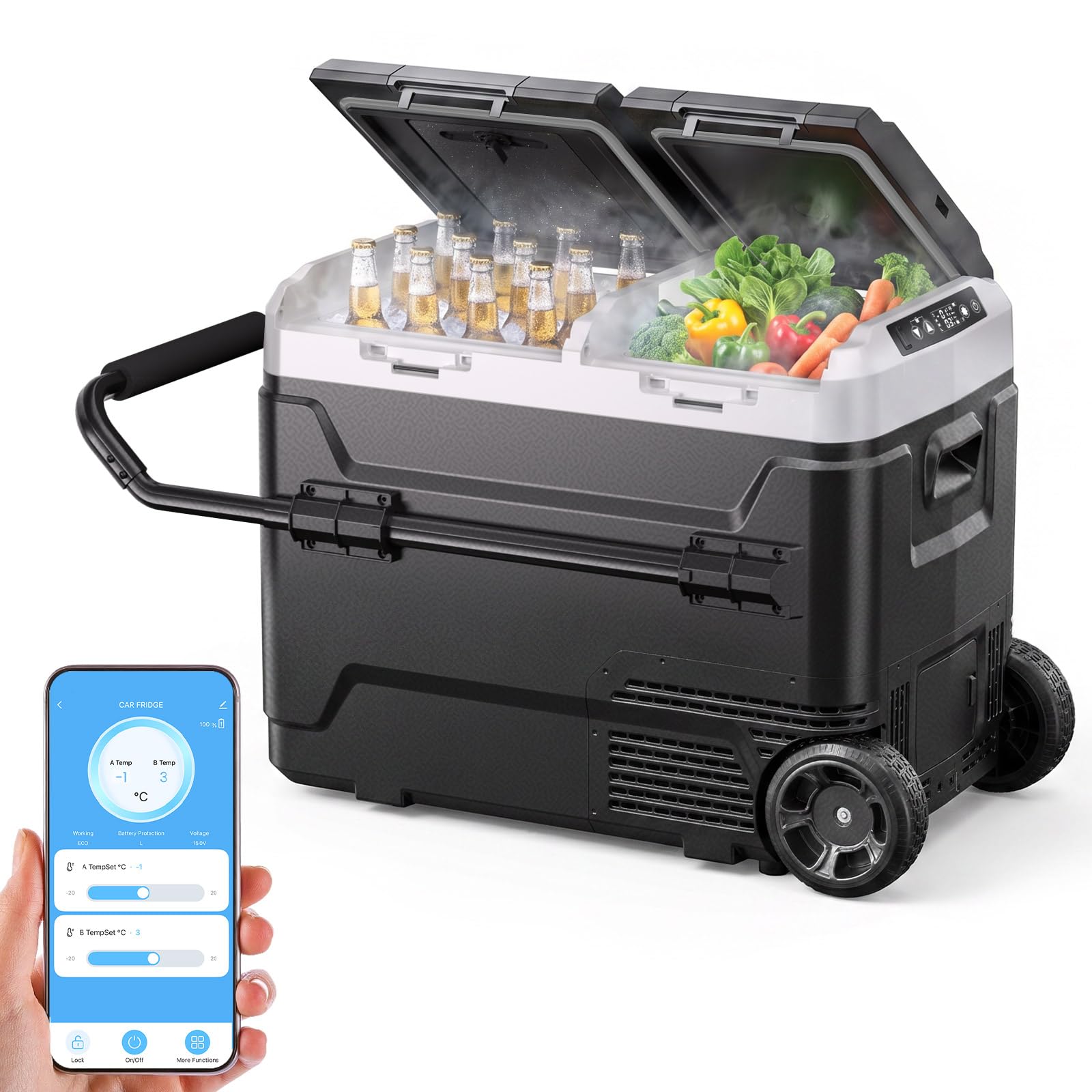 KROAK 50L Kompressor-Kühlbox mit Bluetooth-App, 2 unabhängige Temperaturzonen (-20°C bis +20°C), 12V/24V/230V – inkl. Rollen & Trennwand, leiser Betrieb (45 dB) – ideal für Auto, Caravan, Camping