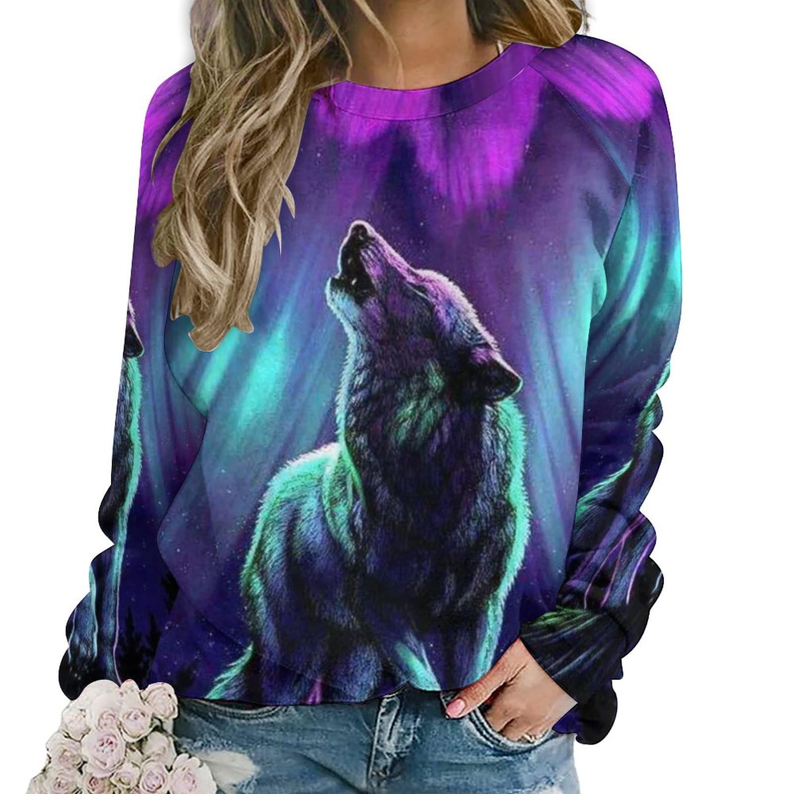 Dgsxynth Casual Ladies Jumper, Wolves Howl in The Northern Lights Sweatshirts for Women, Crewneck Long Sleeve Top