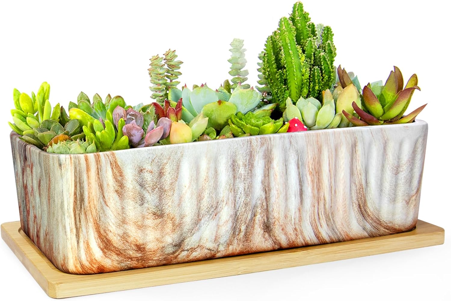 Succulent Pots - 12'' Long Rectangular Planter for Indoor Plants, Shallow Marble Windowsill Planter for Cactus & Bonsai, Ceramic Flower Plant Pots with Drainage Tray Decorative Window Box Planter
