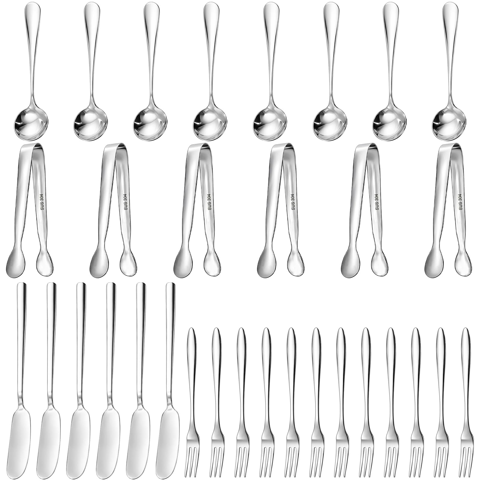 Suwimut 32 Pieces Cheese Butter Spreader Knives Set, Charcuterie Accessories Stainless Steel Cheese Spreader Knives, Mini Serving Tongs, Spoons and Forks for Butter Cheese Jam Appetizer Pastry Making
