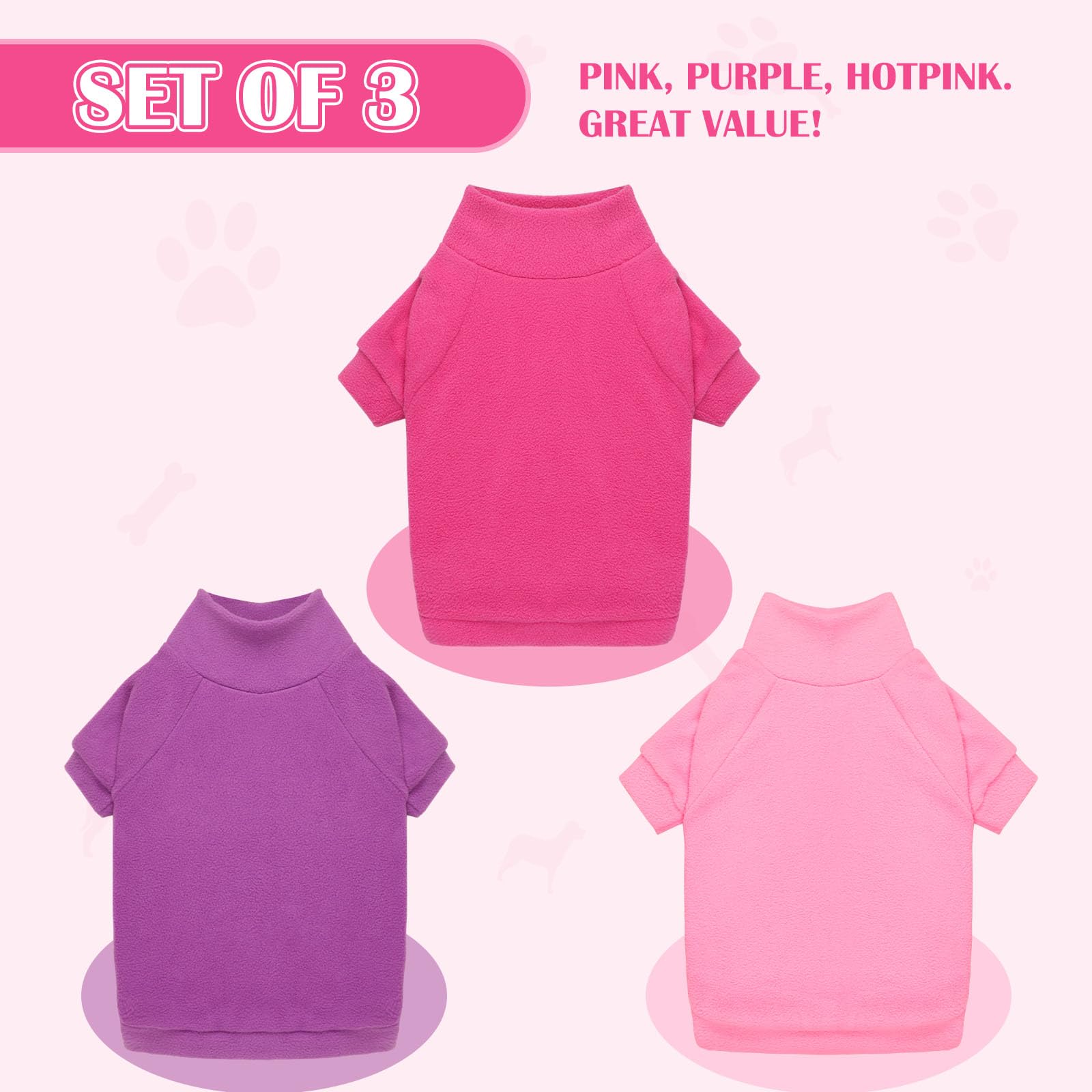 Paquete de 3 suéteres para perros medianos, suéter de forro polar para perro, cuello alto, sudadera suave y cálida para perro, ropa para perro, tamaño mediano, para perros y niñas (rosa, rosa intenso