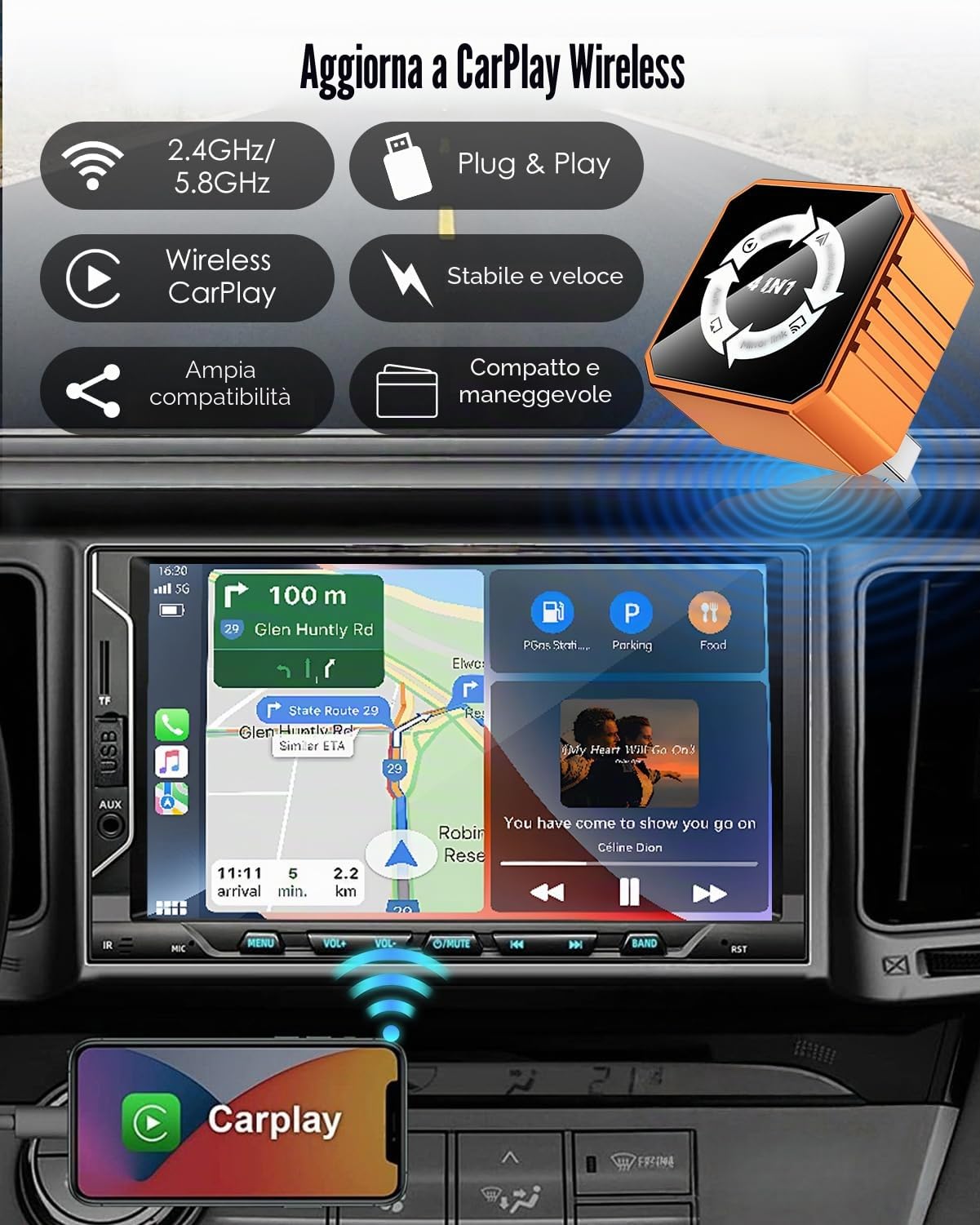 Adattatore wireless CarPlay 4 in 1 e dongle auto Android, supporta AirPlay e MirrorLink Screen MirrorLink, connessione veloce stabile a 5,8 GHz, Plug and Play per auto con CarPlay cablato di